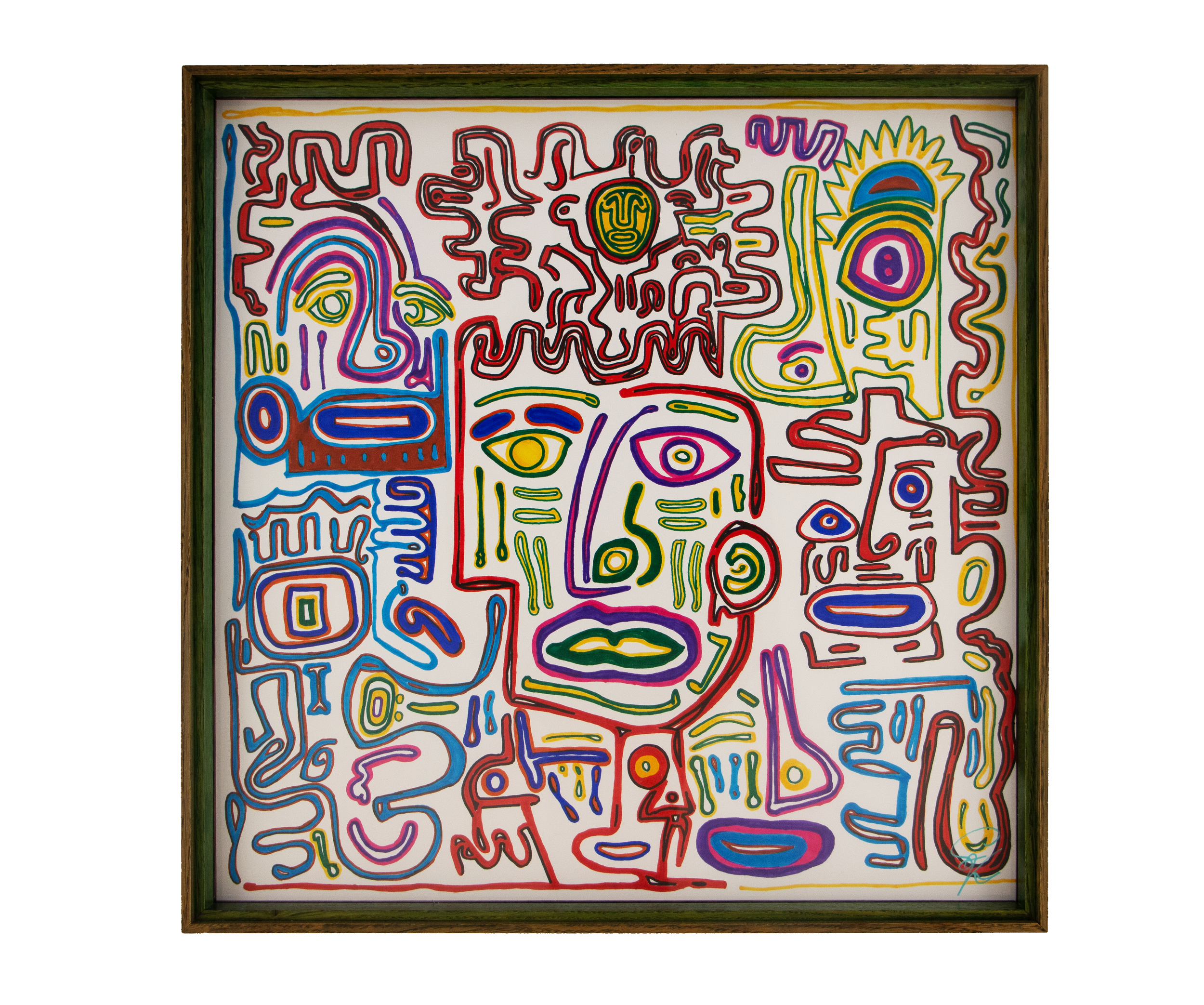 Eclipsing Gravitas 002; multicolored line drawing on white paper; layered oak-and-mahogany frame with olive-green tones and a vivid green inner accent.