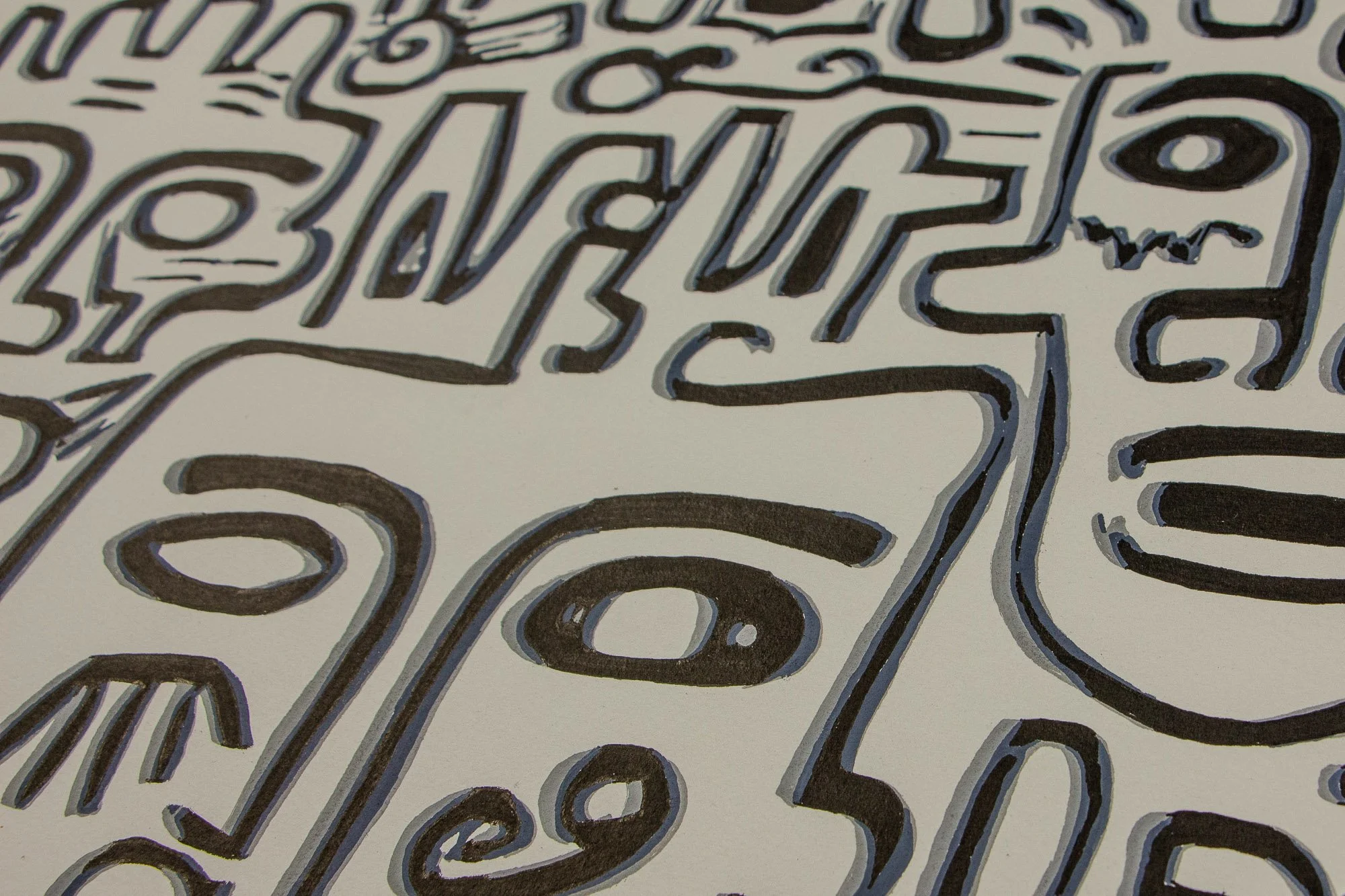 Luminous Parallax 002 detail: close-up across the upper middle of the drawing, showing bold black contours, grey shadow lines, and overlapping faces whose expressions emerge differently as the eye moves.