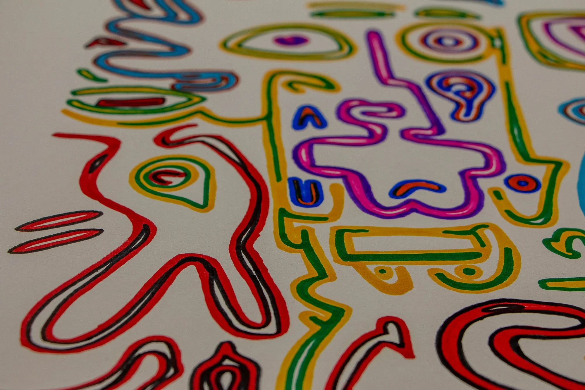 Eclipsing Gravitas 001 detail: close-up of a jagged red and black form beneath a blue curving figure, framed by purple, green, and yellow contours within the multicolored composition.