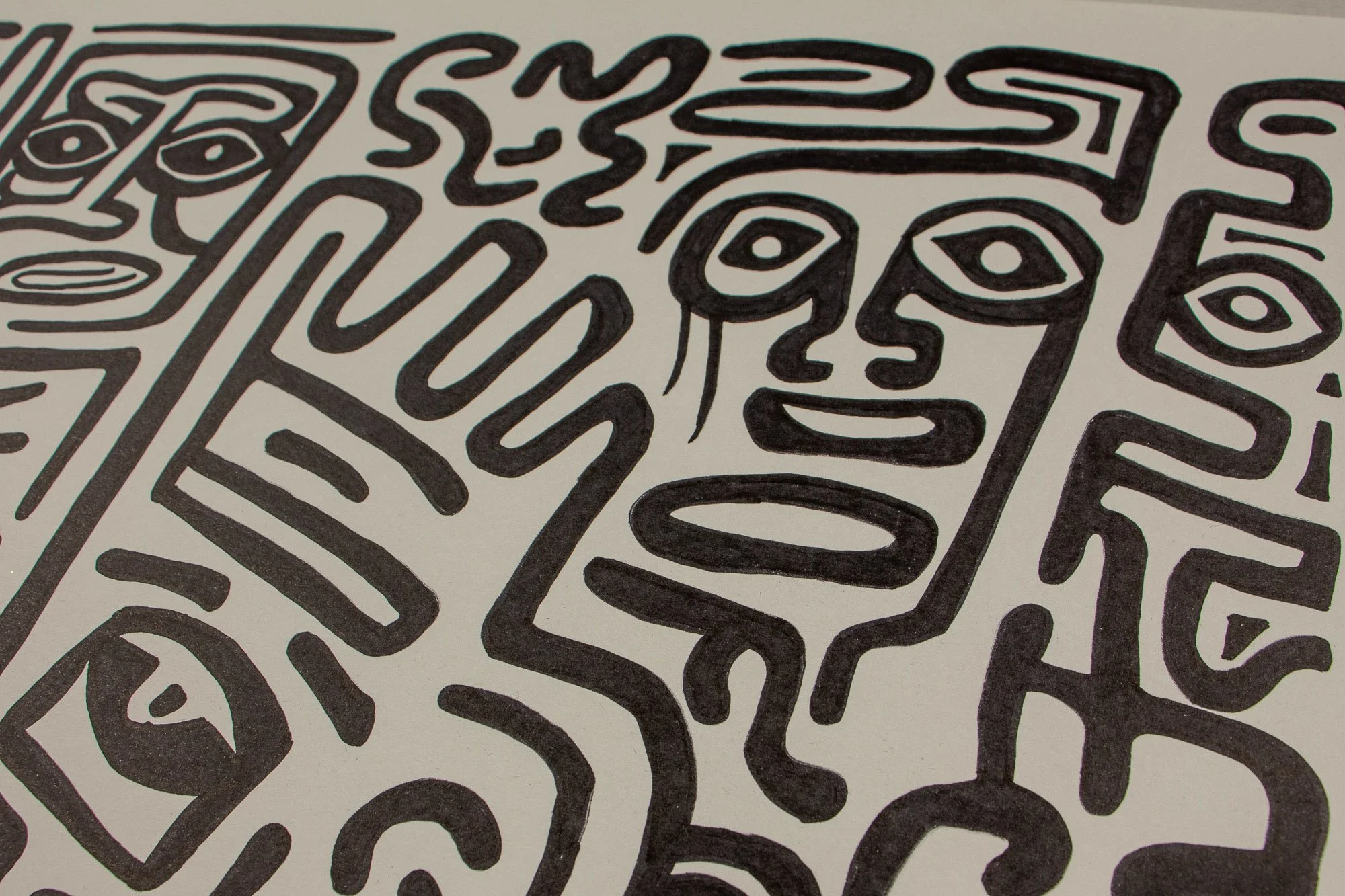 Resonant Syntax 004 detail: close-up of the upper-right field, with a smiling face, elongated oval mouth, and surrounding flowing contours that connect the figure to the wider composition