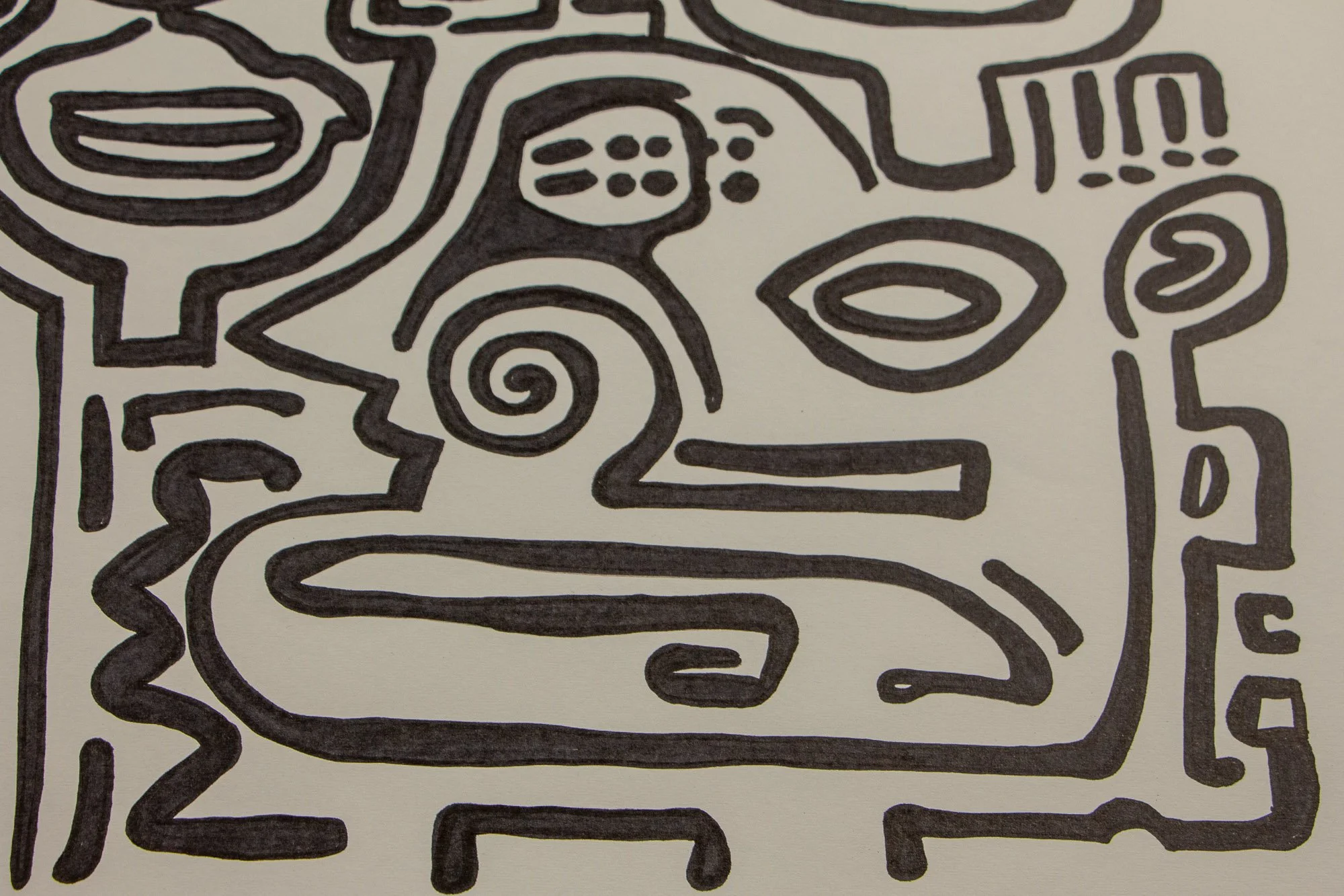 Resonant Syntax 002 detail: close-up of the lower-right profile, with almond eye, spiral cheek, and elongated horizontal mouth; thick black contours defining the facial structure