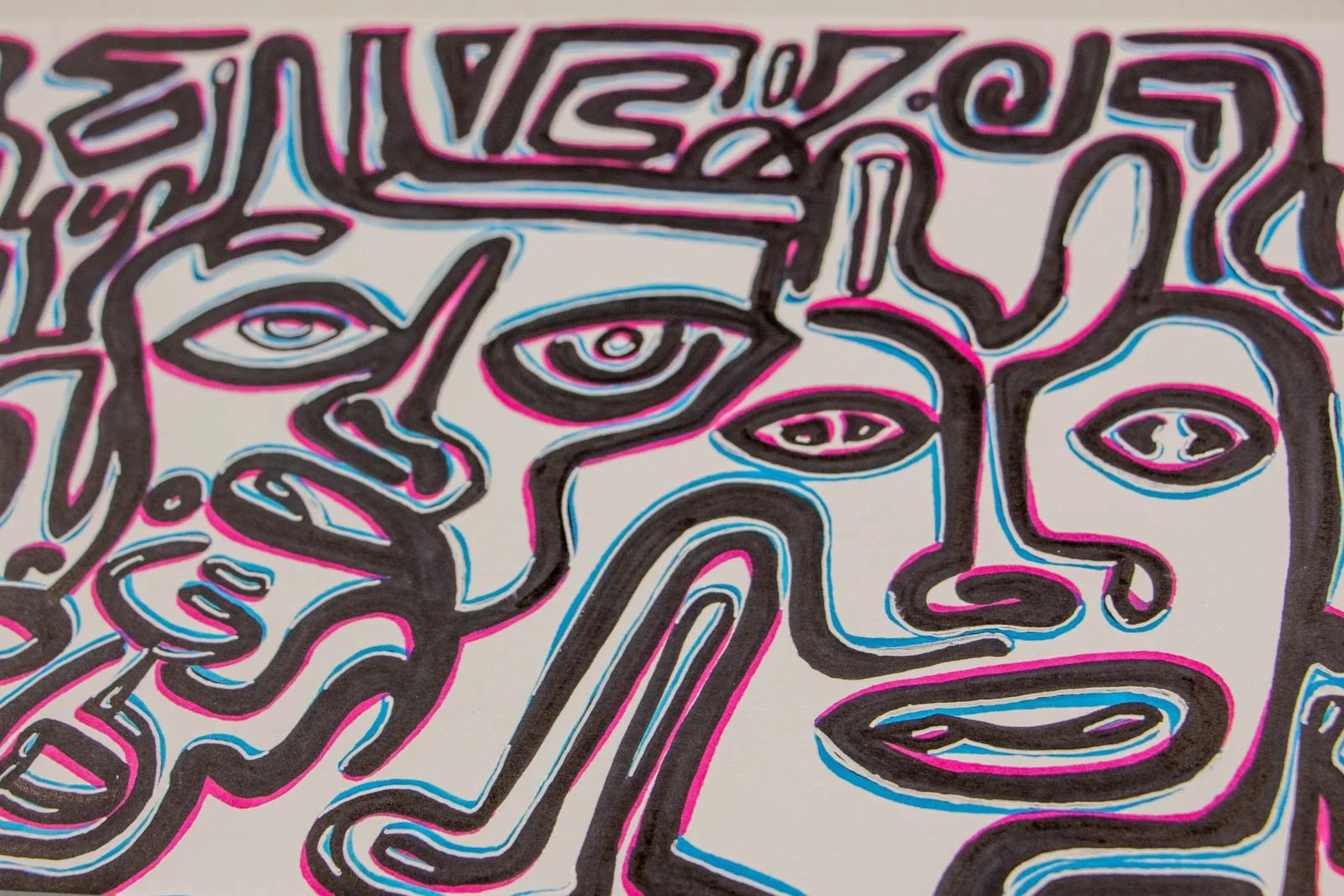 Silence’s Caesura 001 detail: twin heads, broad eyes and soft mouth forms; tall bridge lines connect foreheads; neon-pink and sky-blue outlines