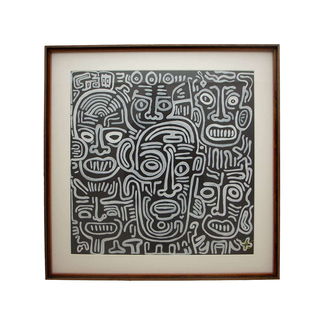 Out of unrest and opposition, a central face rises as though discovery is taking shape from within the mêlée. Mêlée of Discovery: Artwork 005; framed monochrome artwork on paper