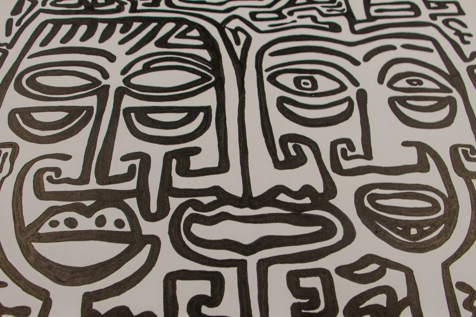 Formless Equation 003 detail: two adjacent faces, oval eyes and stepped nose lines, ink on paper, close-up texture