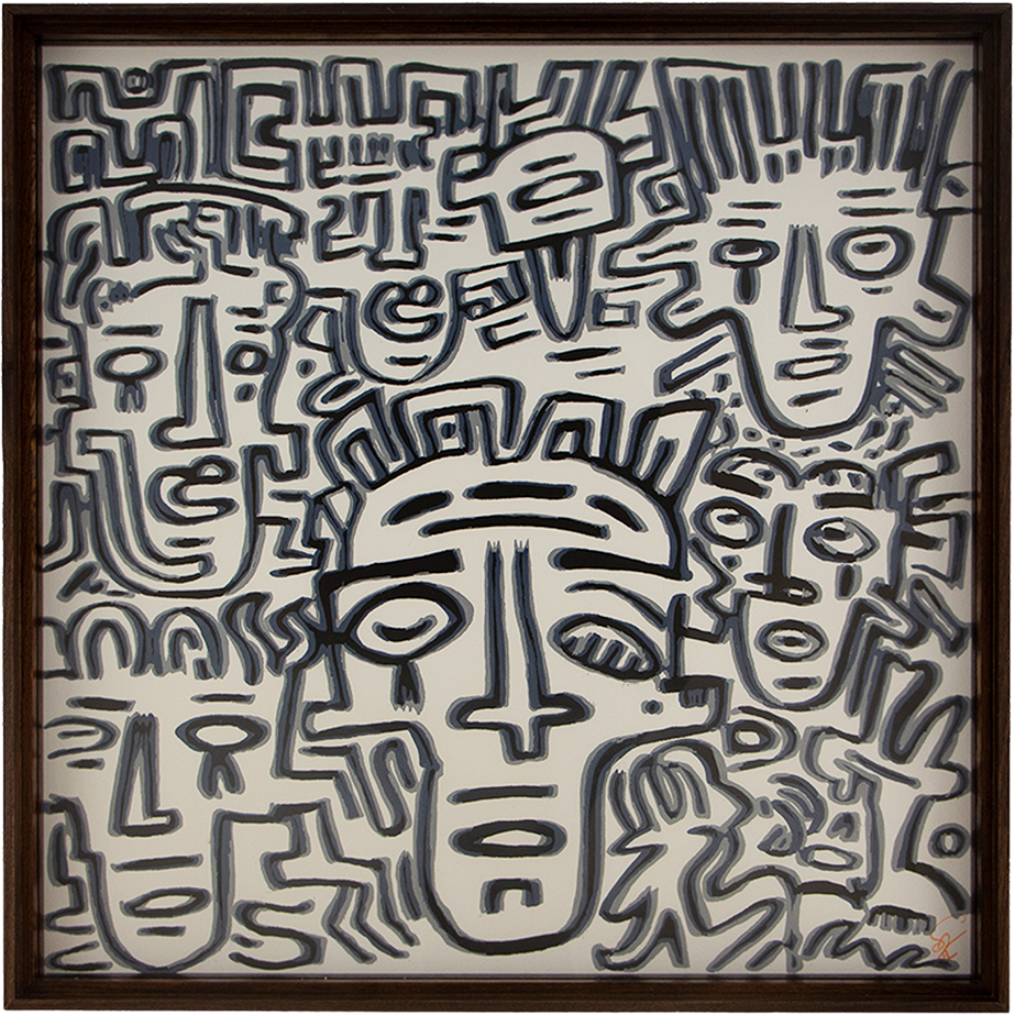 Clarity arrives in layers here, with multiple faces emerging together from a vibrating monochrome field. Luminous Parallax: Artwork 004; framed monochrome artwork on paper