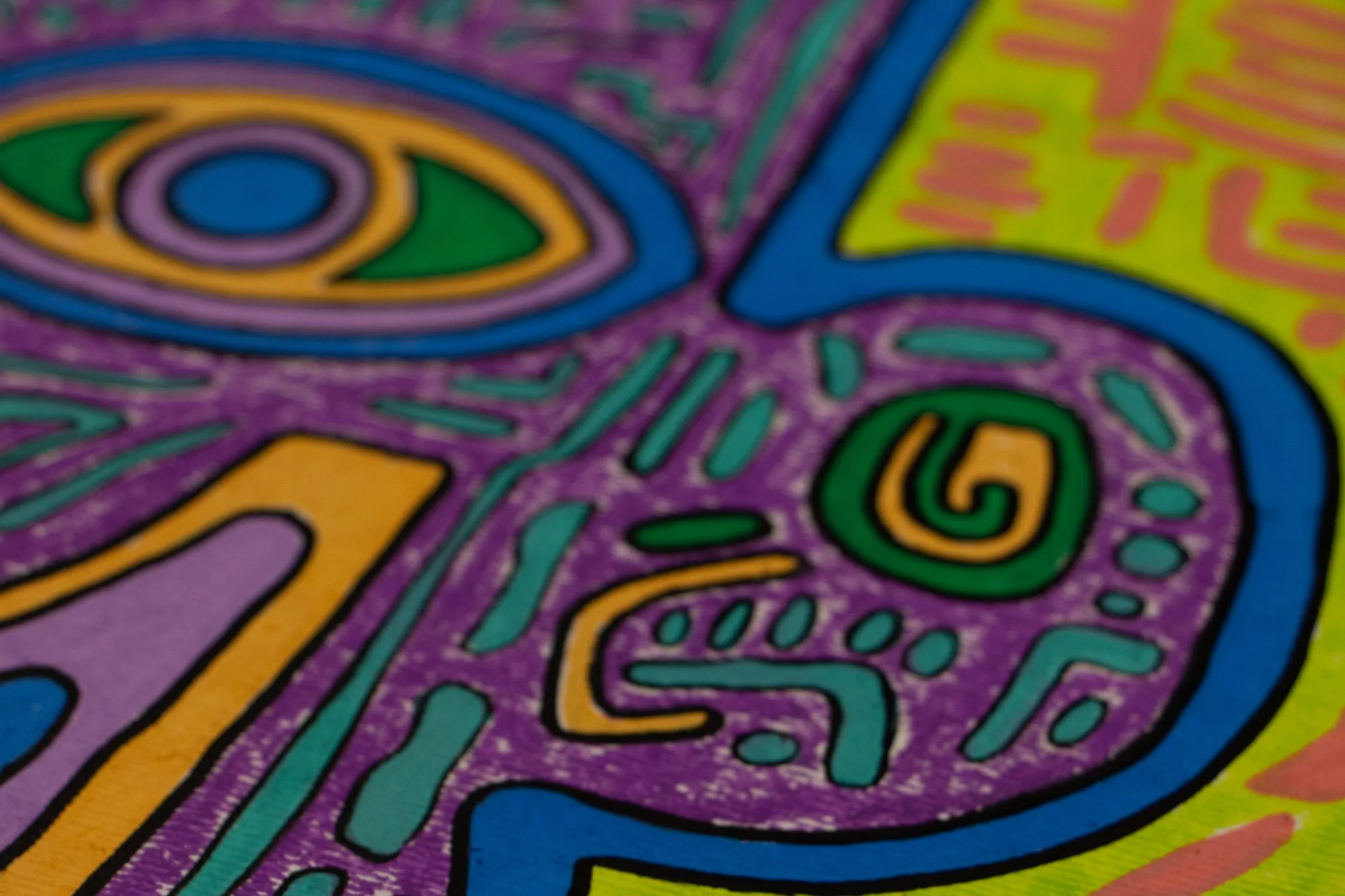 Unseen Signifiers 009 artwork detail: soft-focus angled close-up of the right side of the face, showing the eye, blue contour, and a small green spiral motif within the purple field.