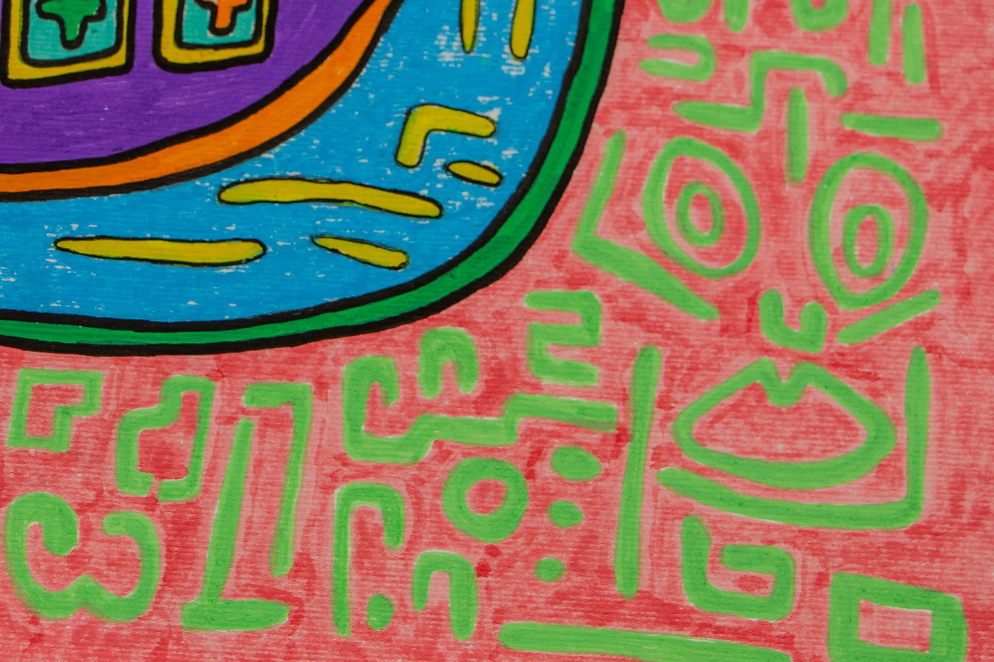 Unseen Signifiers 001 detail: close-up of the pink background with green symbols beside the blue facial field, showing repeating linear motifs and the edge of the purple mouth form.