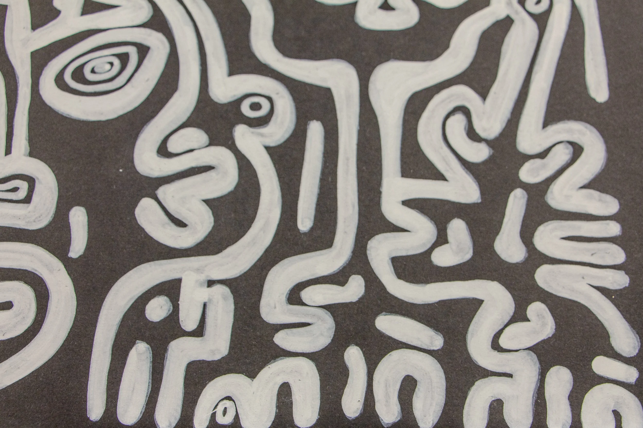 Turbulent Aegis 003 detail: close-up of mirrored vertical forms and profile-like shapes in white on dark wood, emphasizing the rhythmic repetition, line texture, and visual tension within the drawing.