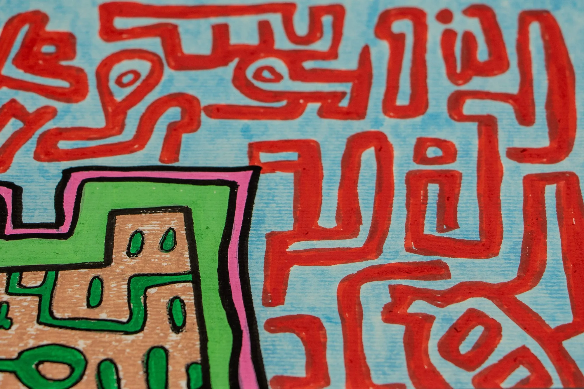 Unseen Signifiers 008 detail: close-up of the upper-left section of the composition, showing red symbolic linework on the pale blue background beside the stepped green-and-pink border.