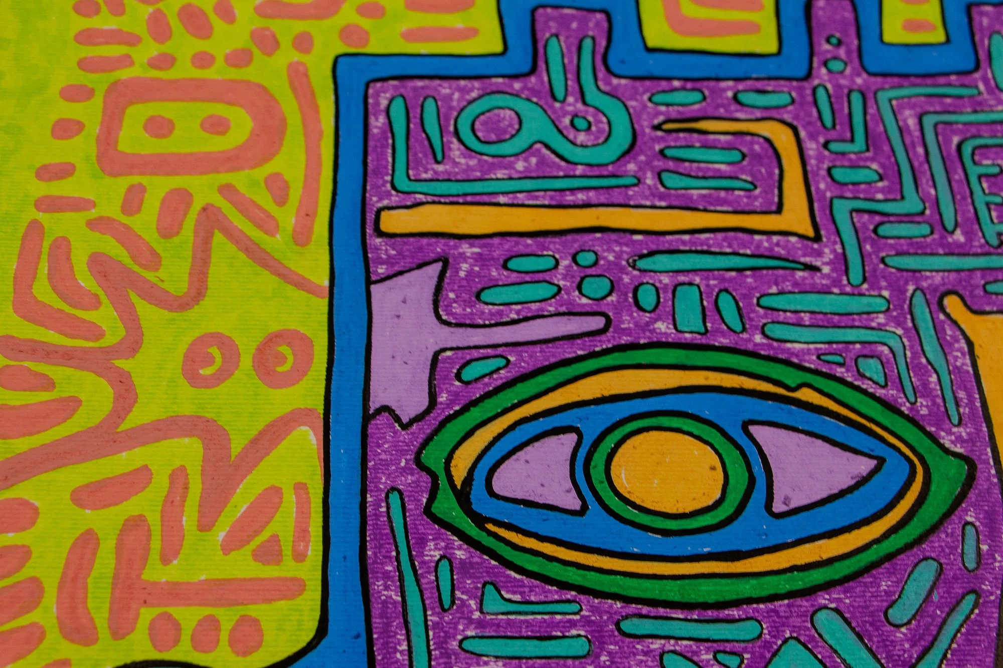 Unseen Signifiers 009 artwork detail: close-up of the upper-left section, showing the left eye, blue contour line, purple field, and the lime-yellow border filled with pink glyph-like marks.