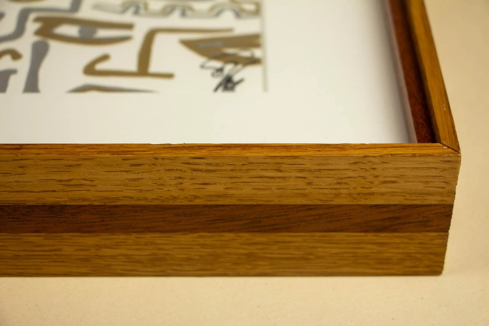 Golden Nostalgia 002 frame: corner interior, float mount with white mat; depth shows near the artist mark