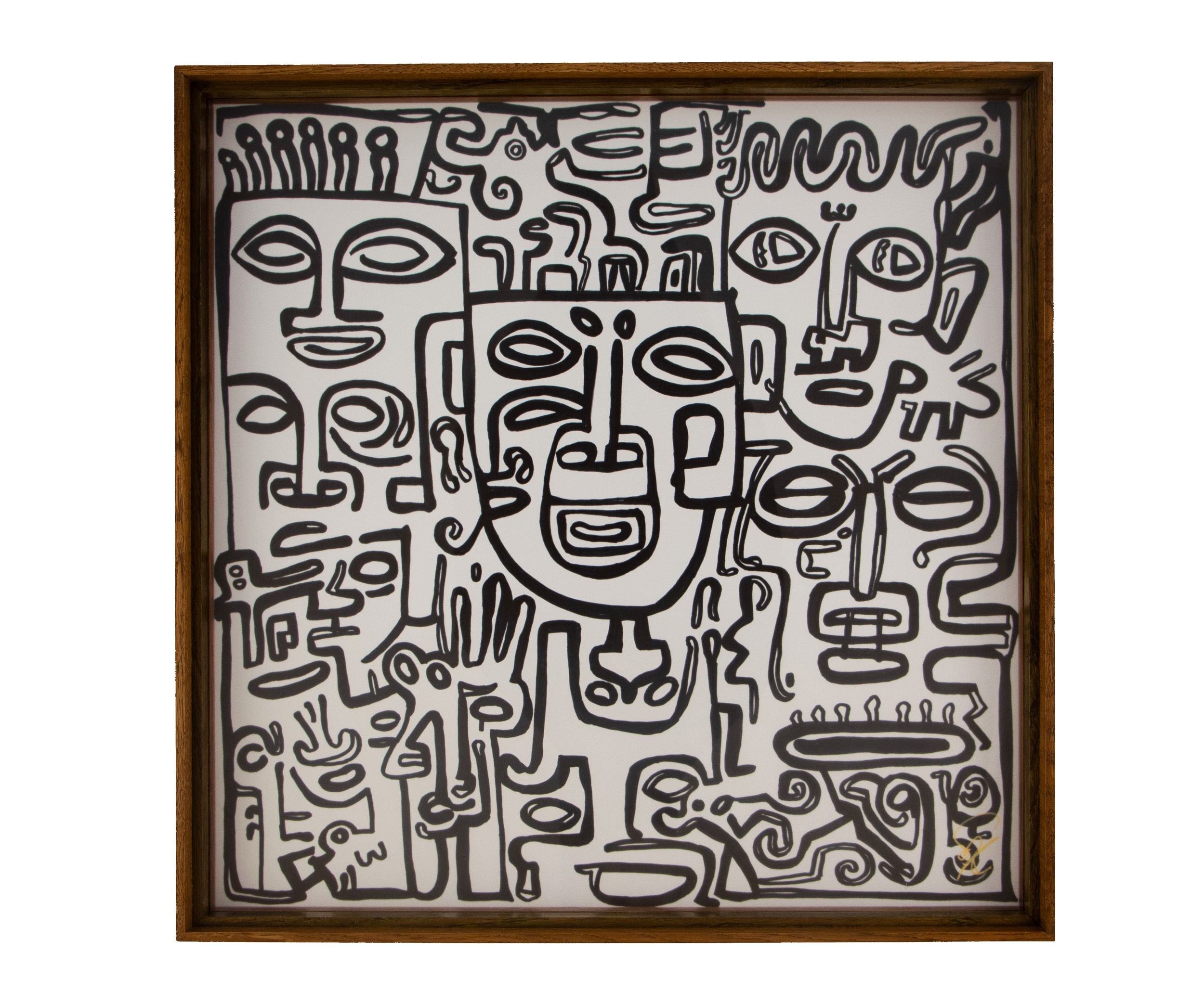 Expressive faces and abstract symbols form a dense field of bold black contours. Veiled Alchemist 002; black linework on white paper; Japanese elm frame with red-toned accent.