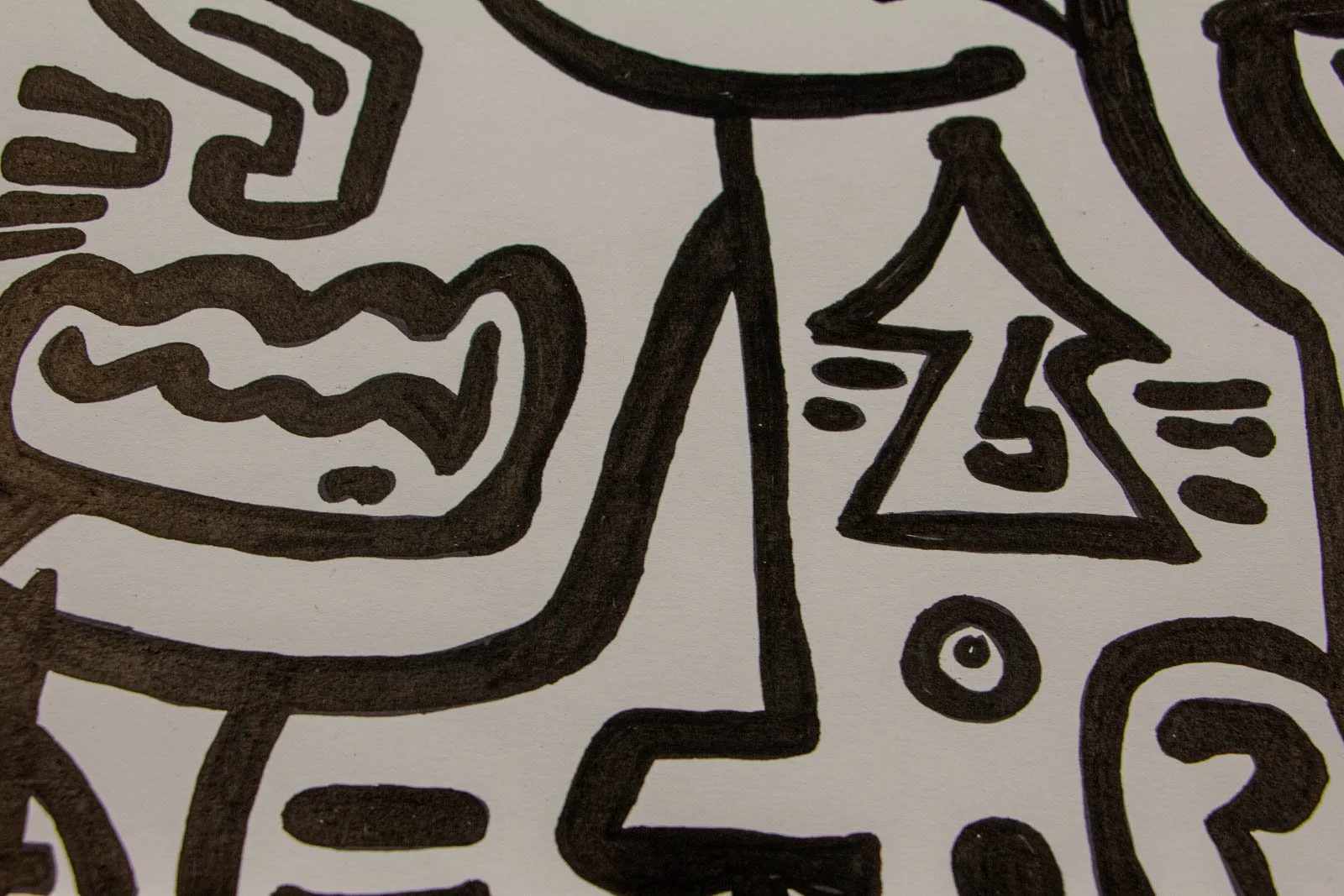 Formless Equation 004 detail: wavy mouth beside triangular symbol, fine paper grain visible, ink on paper