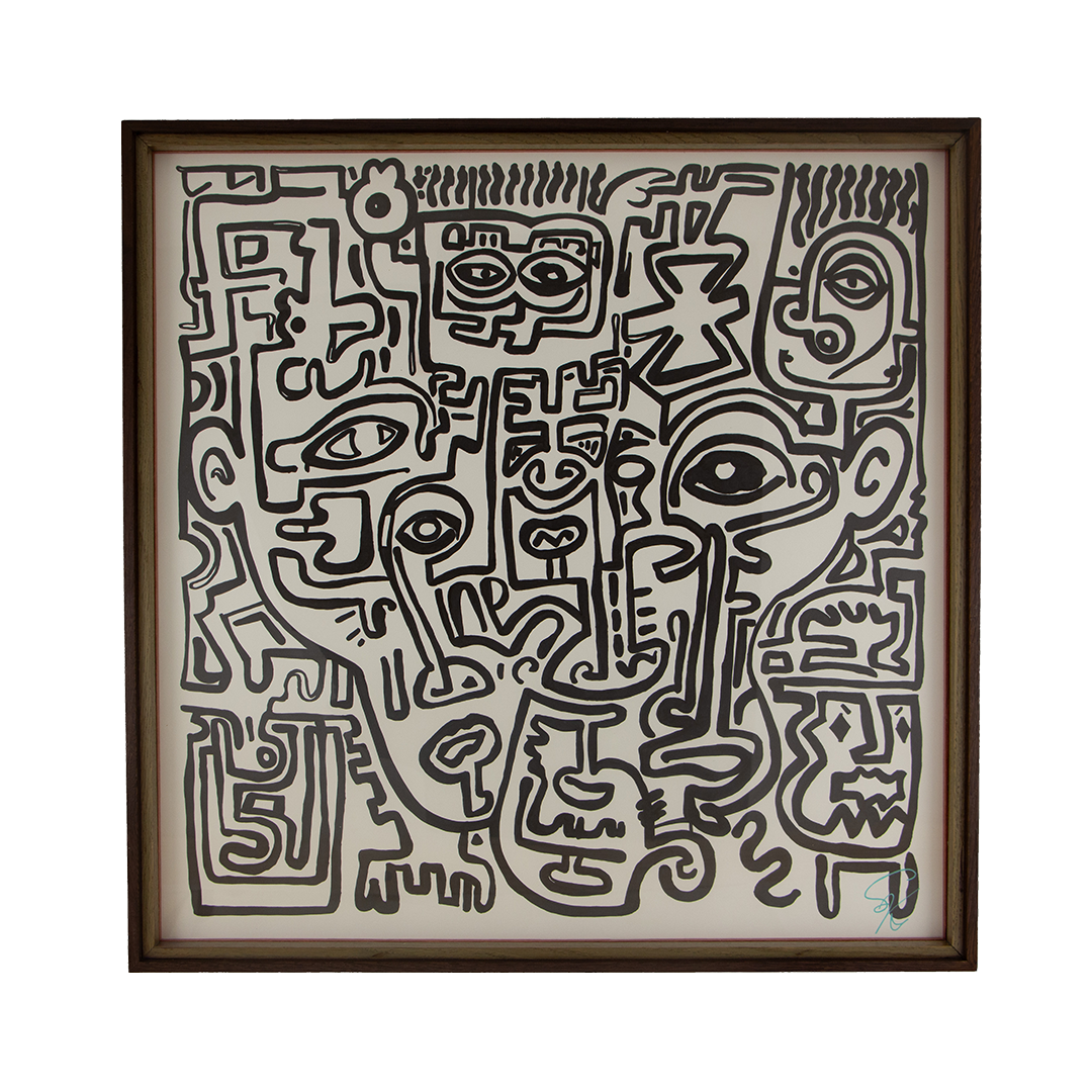 Protection starts to breathe again when fixation gives way to movement. Elusive Cocoon: 003; black ink on paper; layered wooden frame palette: violet, mint, and pink.