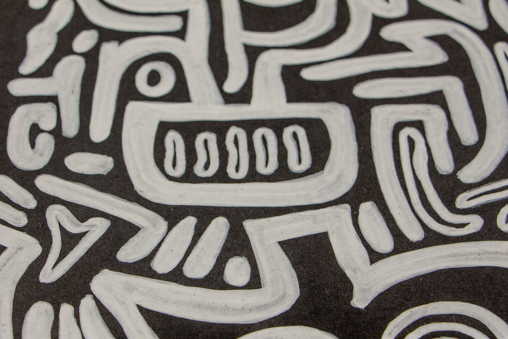 Turbulent Aegis 002 artwork detail: close-up of a rectangular white-lined figure with five vertical marks in its center, embedded in the larger network of faces, pathways, and symbolic shapes.