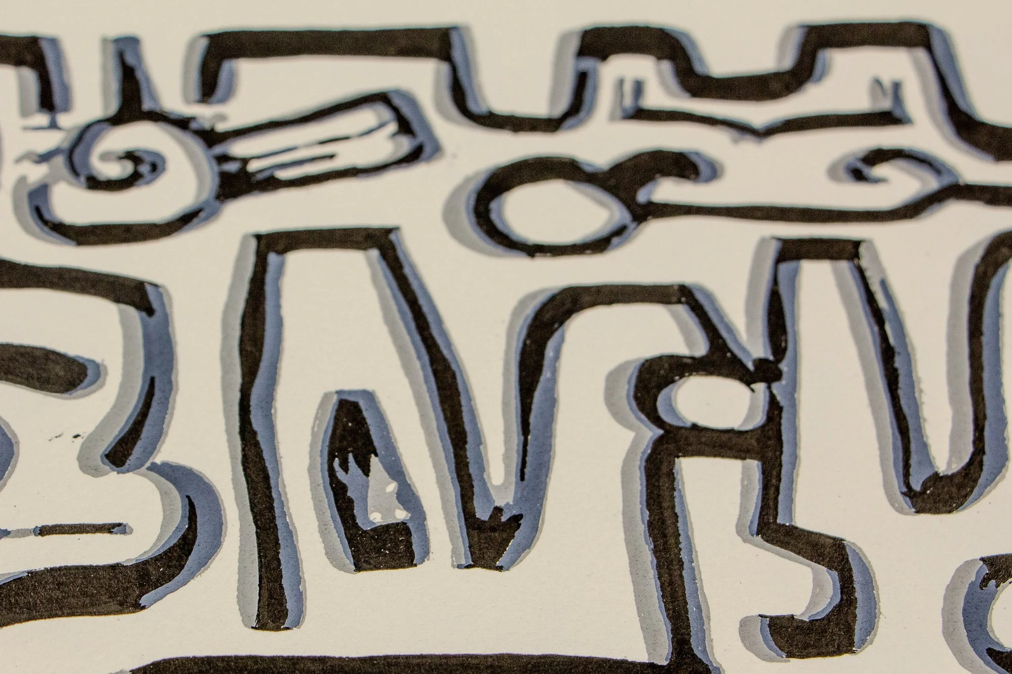 Luminous Parallax 002 detail: upper-field close-up of angular black forms and soft grey offsets, where the composition reads at once as graphic architecture and as unstable facial fragments.