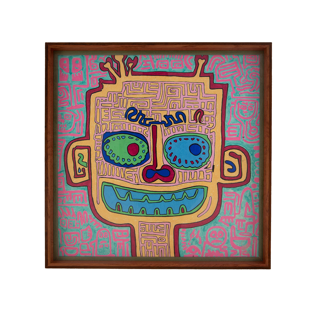 The image balances openness and unease, as if several emotional signals are surfacing together without fully settling into one reading. Unseen Signifiers: Artwork 004; framed colorful artwork