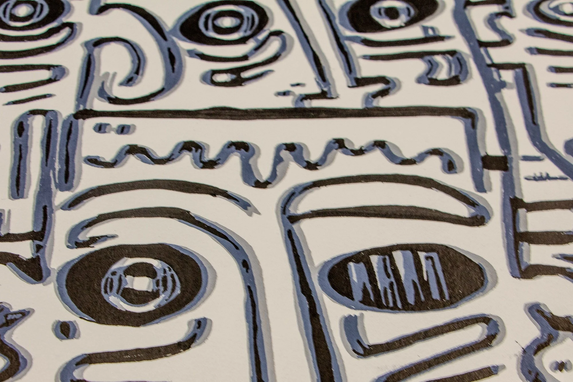Luminous Parallax 001 detail: close-up of two adjoining faces in black and cool grey, one with a barred mouth and one partially cropped, emphasizing the sense of doubled perception within the composition.