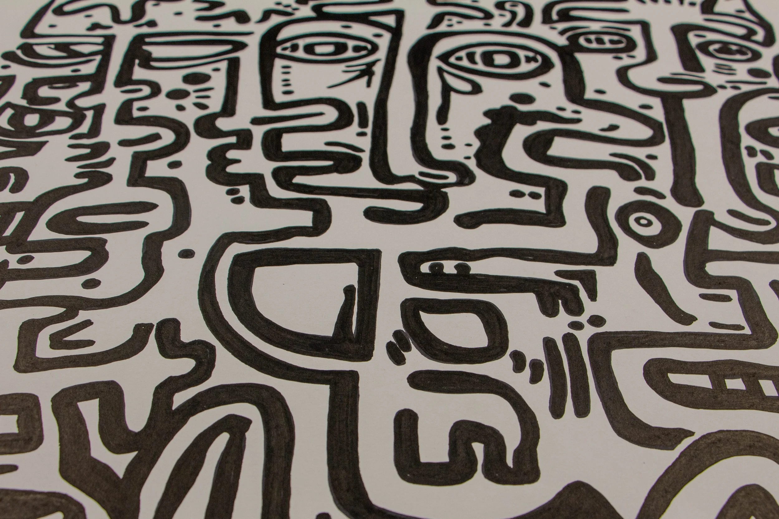 Formless Equation 001 detail: layered crowd of faces with U-shaped cheek element, thick graphic linework, ink on paper