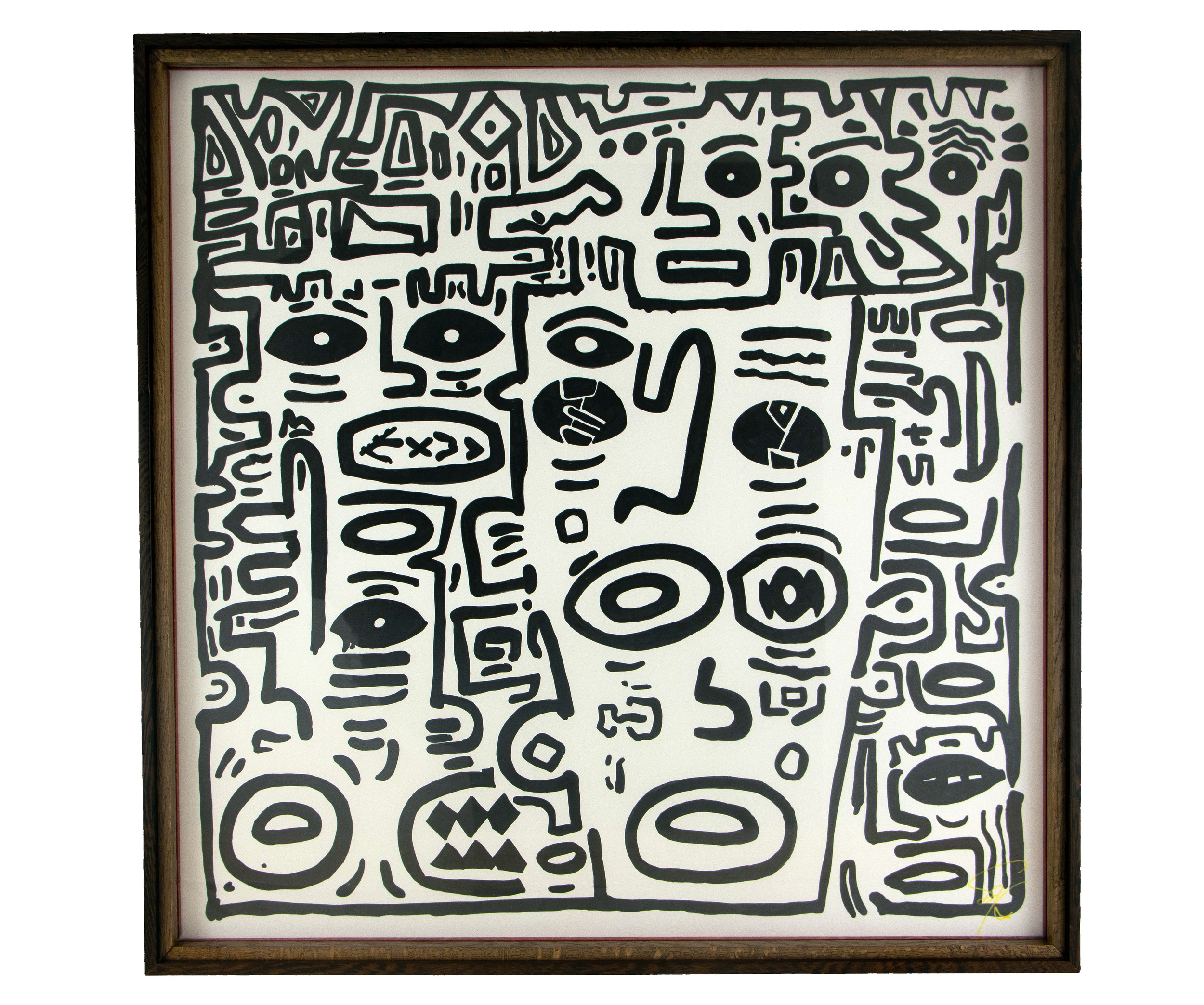 Shelter can steady the self before it begins to tighten. Elusive Cocoon: 001; black ink on paper; layered wooden frame palette: palisander, light ash, and red.