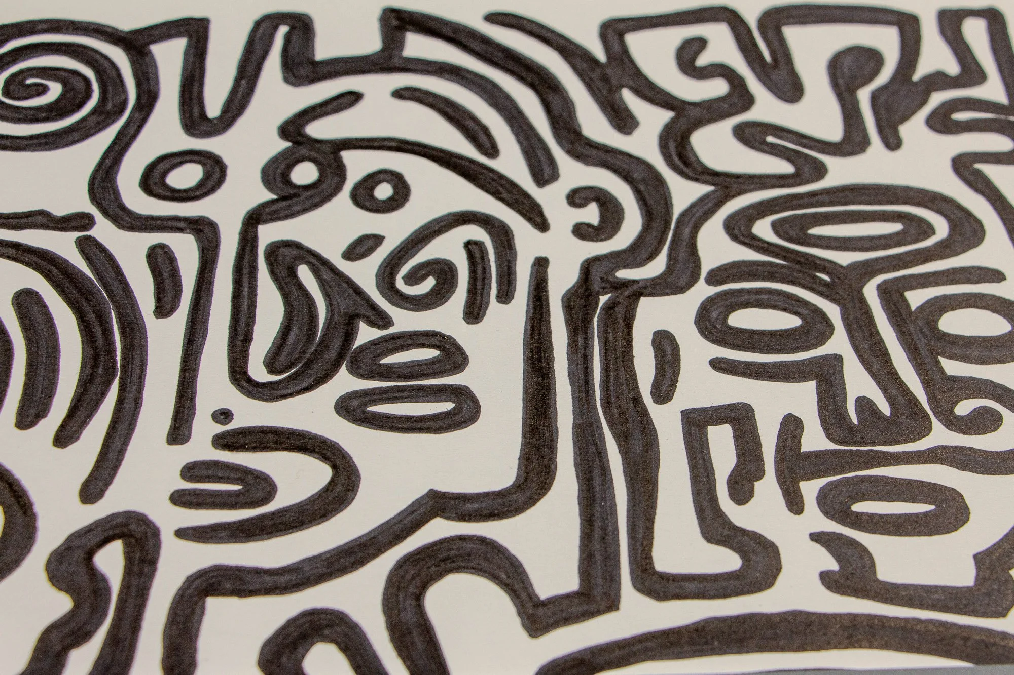 Mêlée of Discovery 002 detail: cropped view of an expressive face and neighboring motifs, emphasizing the series’ language of distortion, repetition, and inner tension.