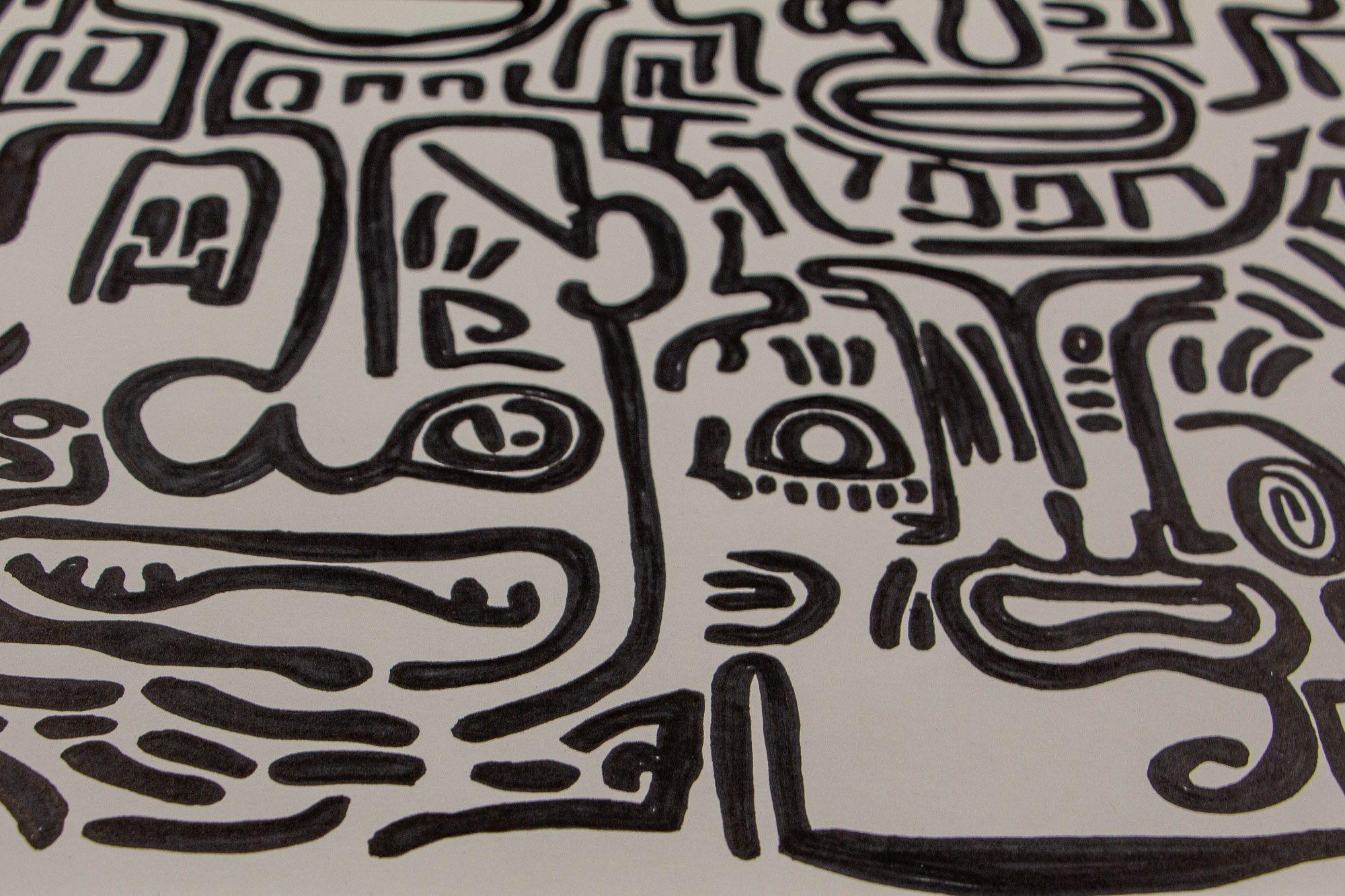 Mêlée of Discovery 004: close-up of interlocking facial fragments and geometric forms, where eyes, mouths, and contours merge into a crowded black-on-white composition.