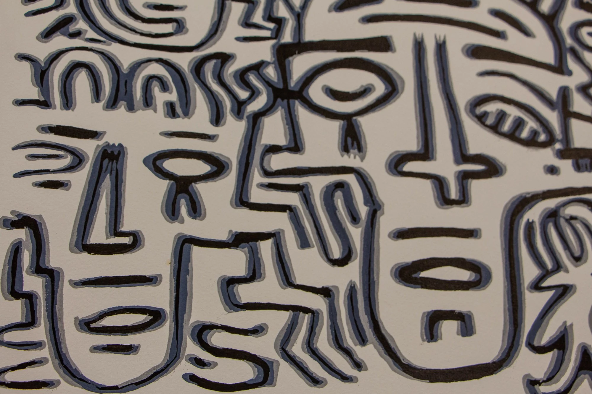 Luminous Parallax 004 detail: close-up of adjoining facial structures and floating symbols, where lines overlap and perception moves between figure, sign, and fragmented portrait.