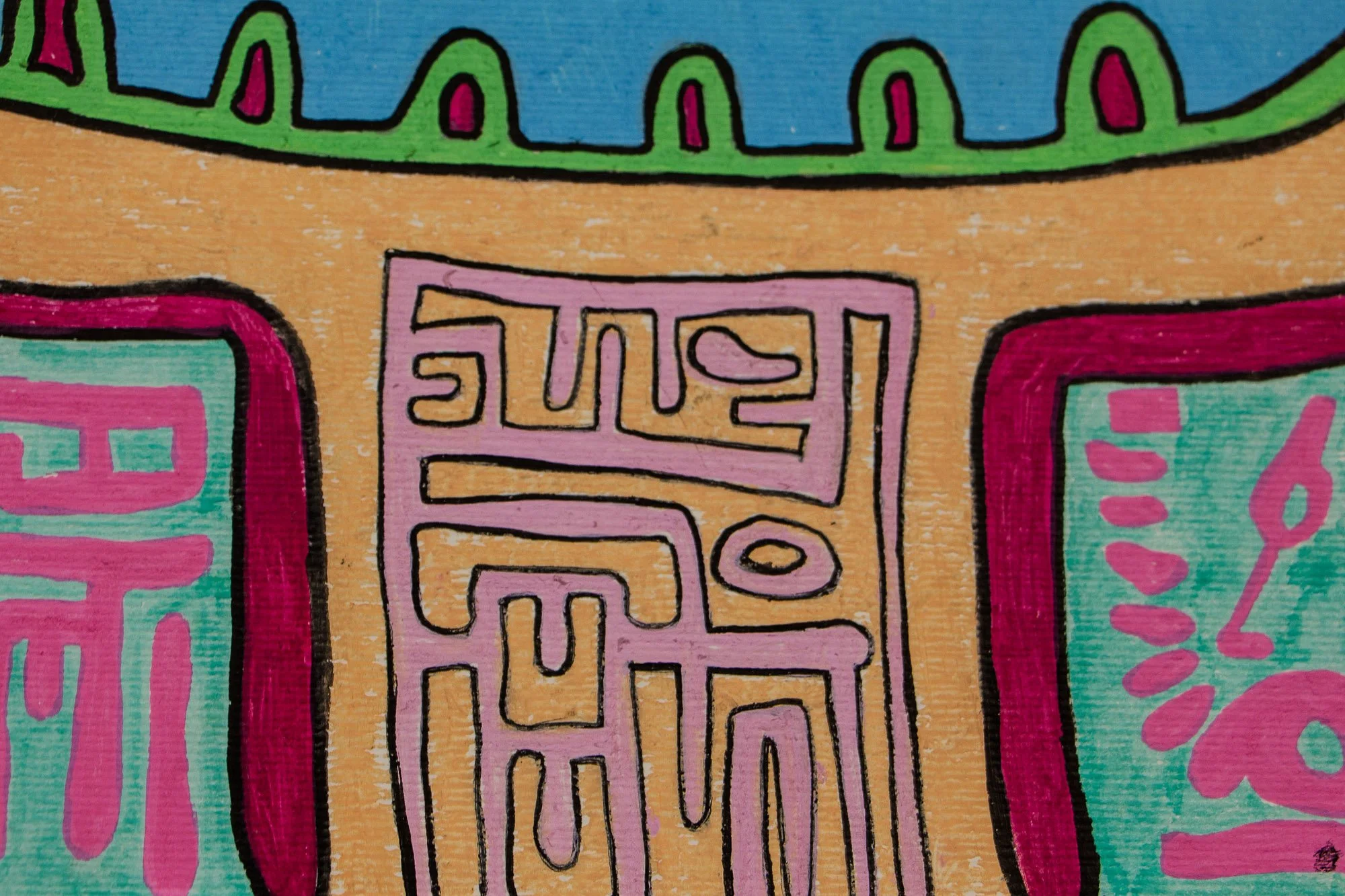 Unseen Signifiers 004 detail: central close-up of the face, showing a pale pink maze-like vertical panel set into the peach ground beneath the blue upper form.