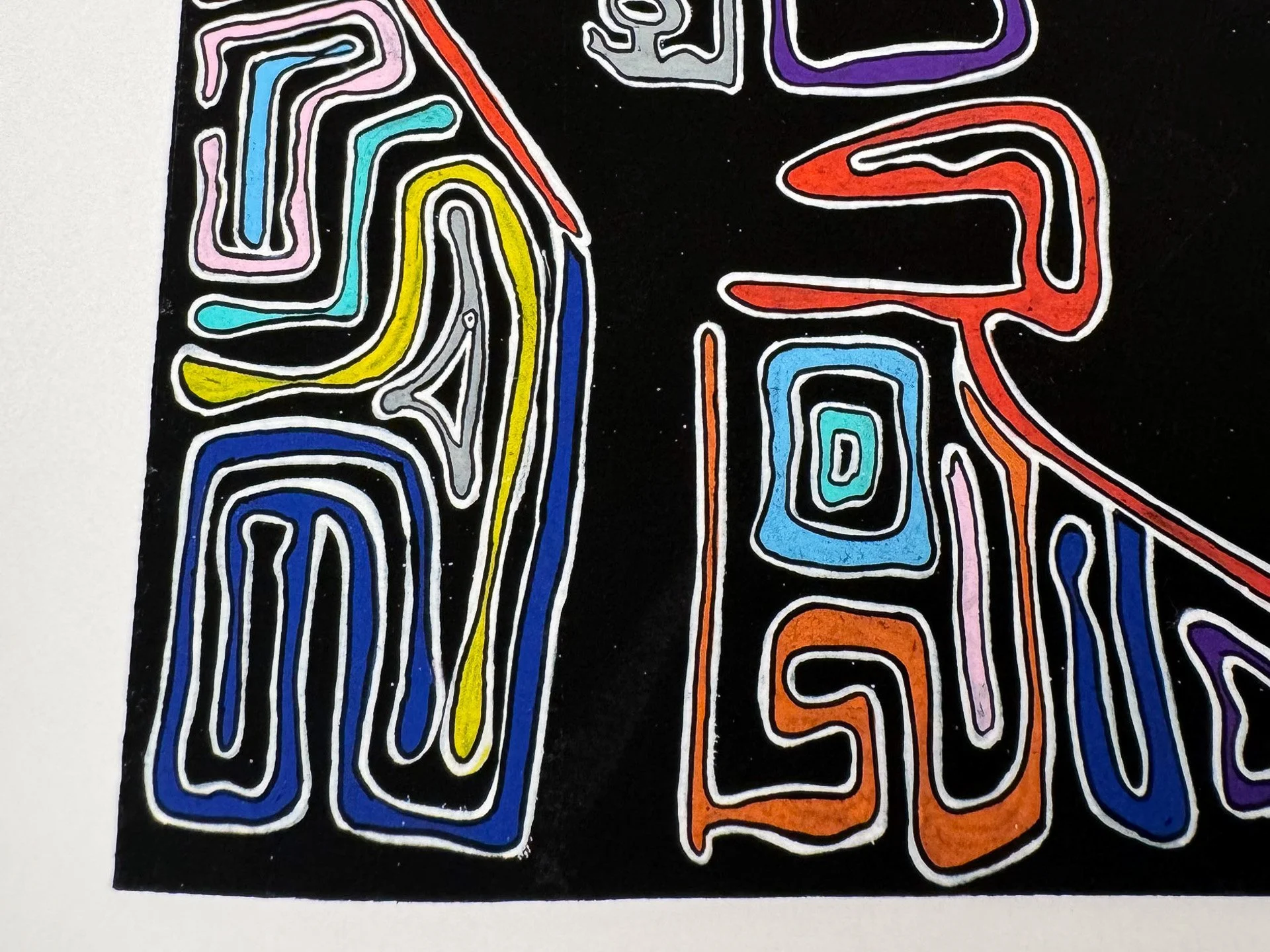 Central detail showing both eyes, the elongated nose, and upper facial contours rendered in layered red, yellow, pink, light blue, violet, and orange lines on black.