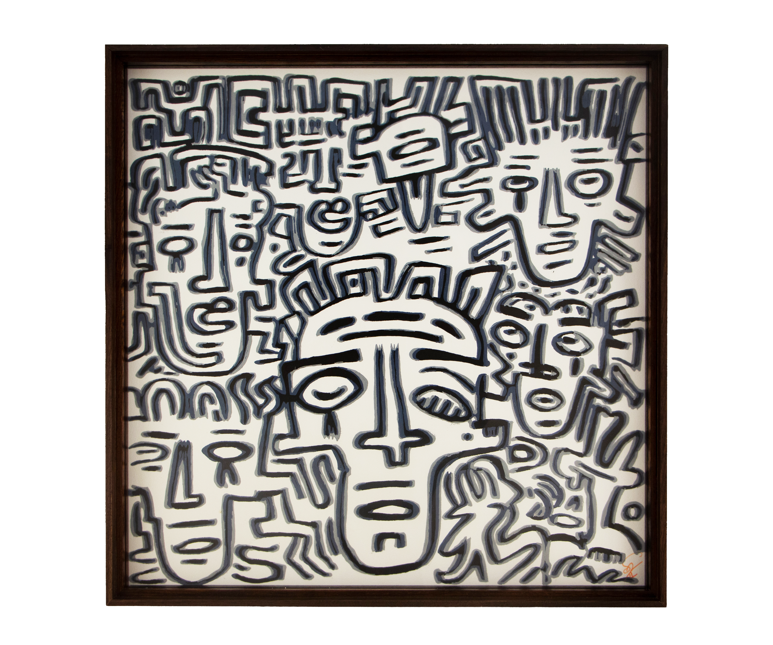 Luminous Parallax 003; black-and-grey drawing on white paper; layered wooden frame with a dark outer structure and warm figured inner wood.