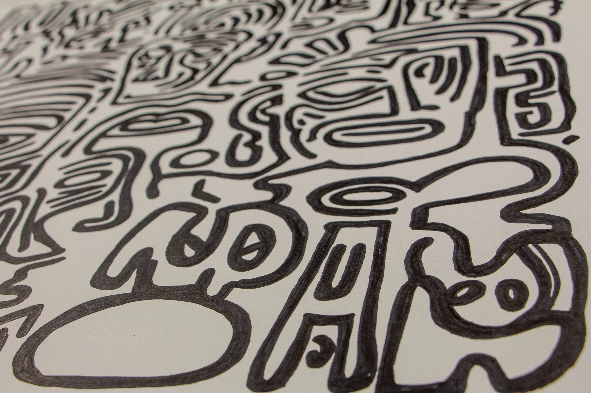 Mêlée of Discovery 002 detail: shallow diagonal view across the drawing, revealing a field of connected faces and signs that appear to surface and recede through line, spacing, and repetition.