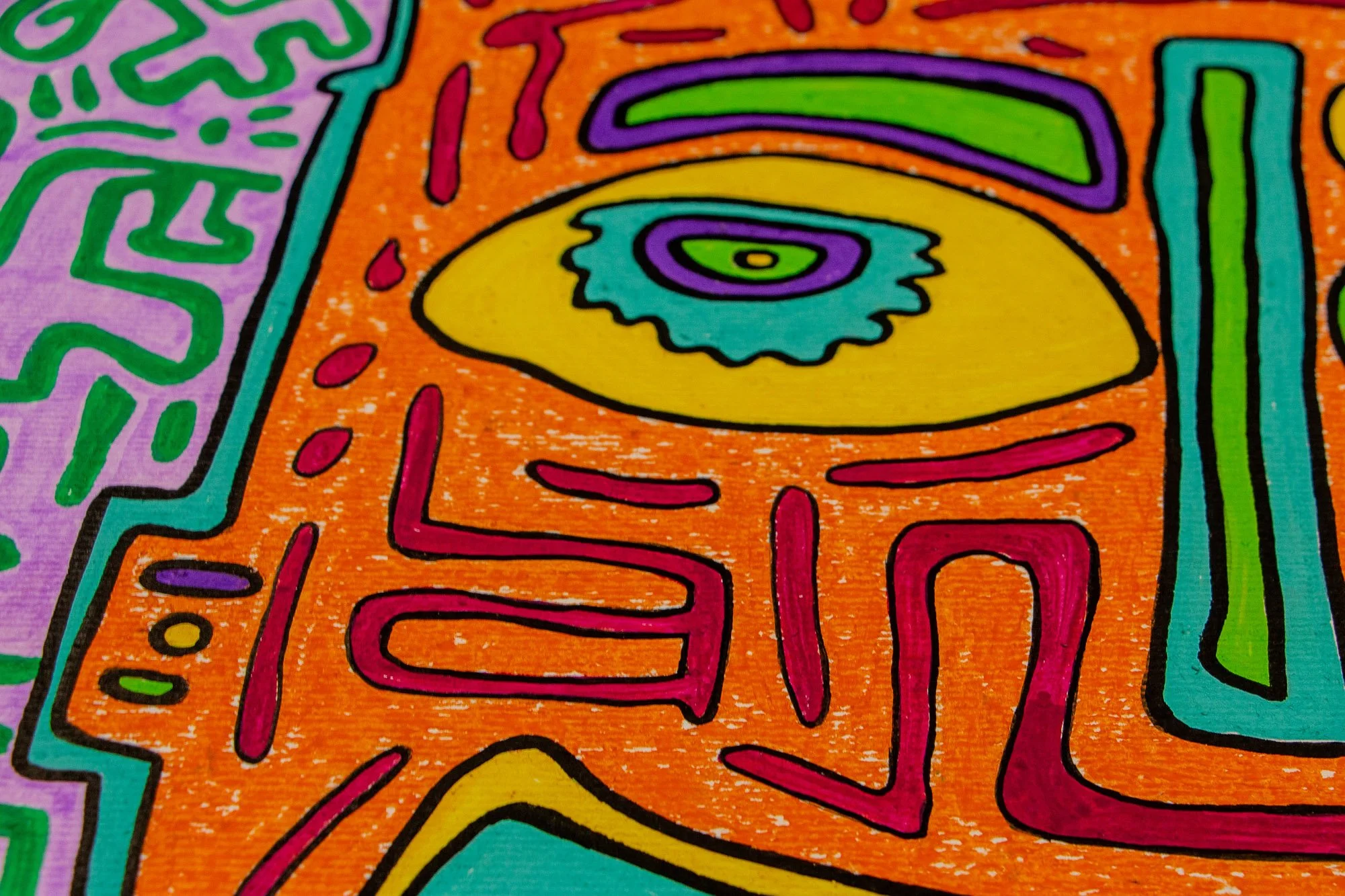 Unseen Signifiers 002 detail: close-up of the orange face area with a single yellow eye, purple and aqua inner shapes, and magenta linear accents across the surface.