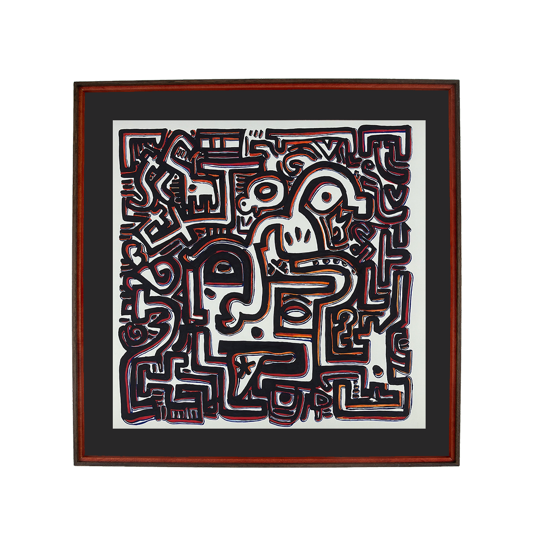 Direction returns through entanglement; figures, paths, and ringed eyes braid urgency into momentum. Flux Impromptu: 003; ink on paper; floating mount; oak–walnut–beech frame with Granada-red liner; red & blue offsets.