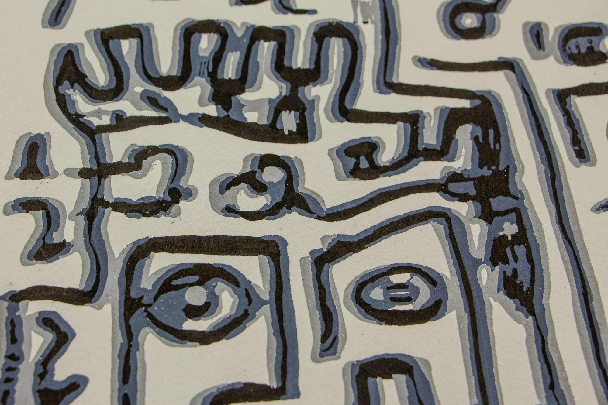 Luminous Parallax 003 detail: central face close-up with narrow eyes and a crown-like upper contour, surrounded by radiating marks and maze-like lines.