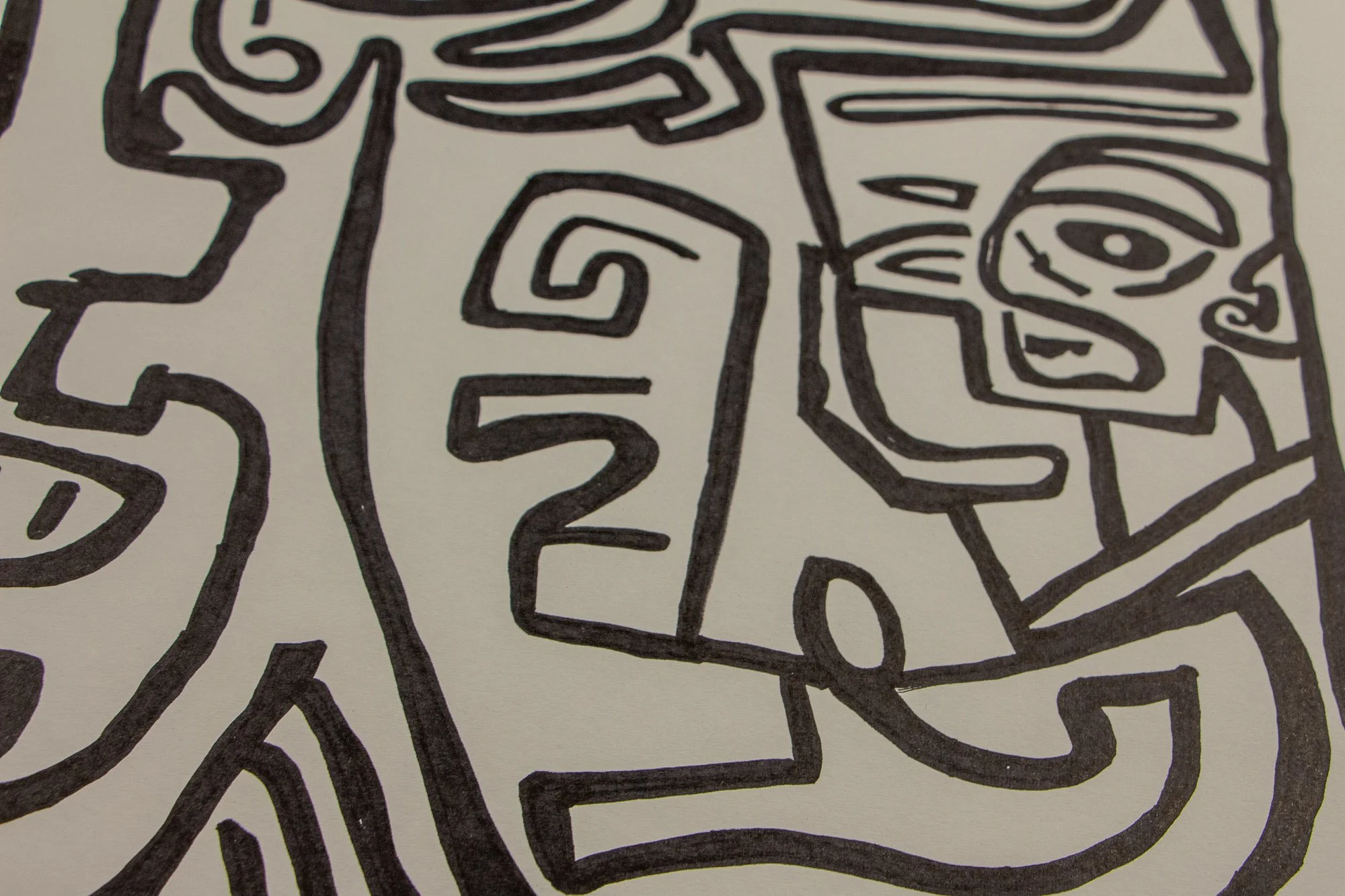 Elusive Cocoon 004 detail: close-up of a vertical face-like form with spiral cheek, rectangular head structure, and a smaller inset profile, surrounded by looping contour lines and symbolic marks.