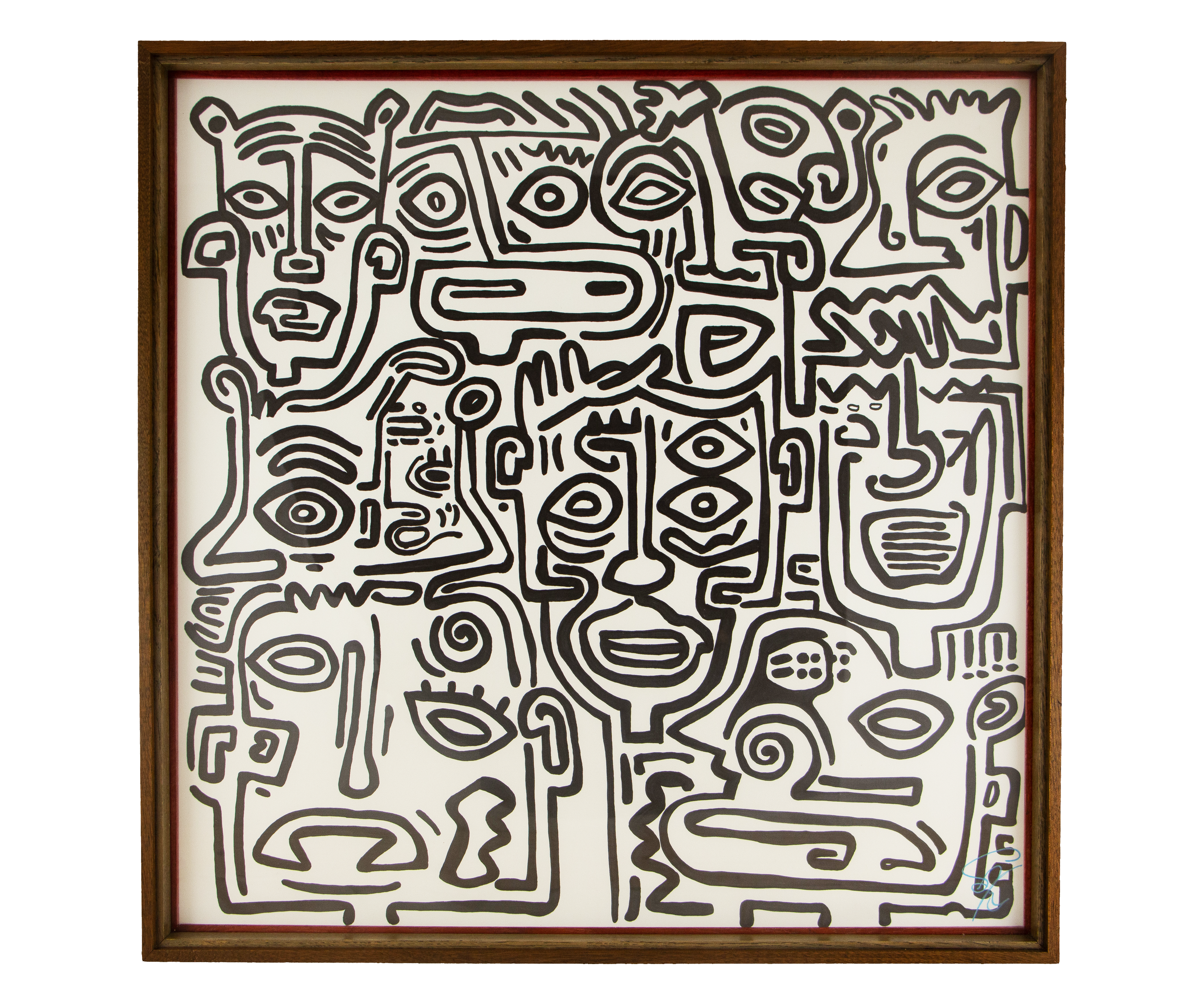 A large central mask anchors the composition while surrounding profiles, symbols, and watchful eyes turn noise into rhythm. Resonant Syntax 002; black ink on paper; layered mahogany-and-oak frame in a mint, blue, and pink sequence.