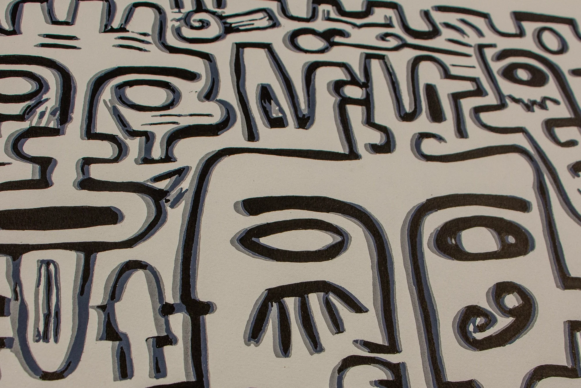 Luminous Parallax 002 detail: upper-field close-up of layered angular forms and facial outlines, where stacked marks hover above the central face and create a flickering sense of multiple readings.