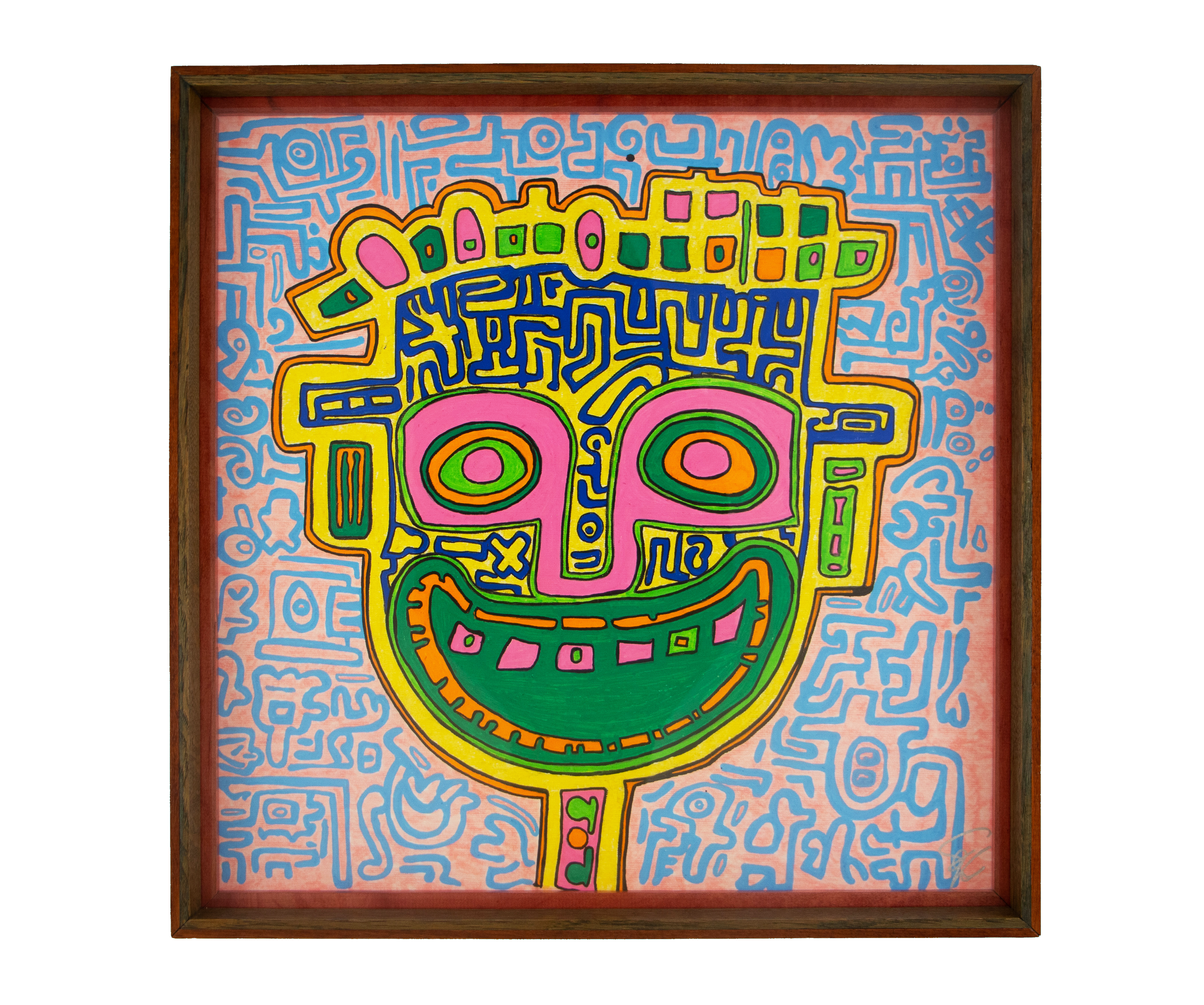 A yellow face with pink eyes, blue labyrinth lines, and a large green grin. Unseen Signifiers 006; colorful composition; layered wooden frame.