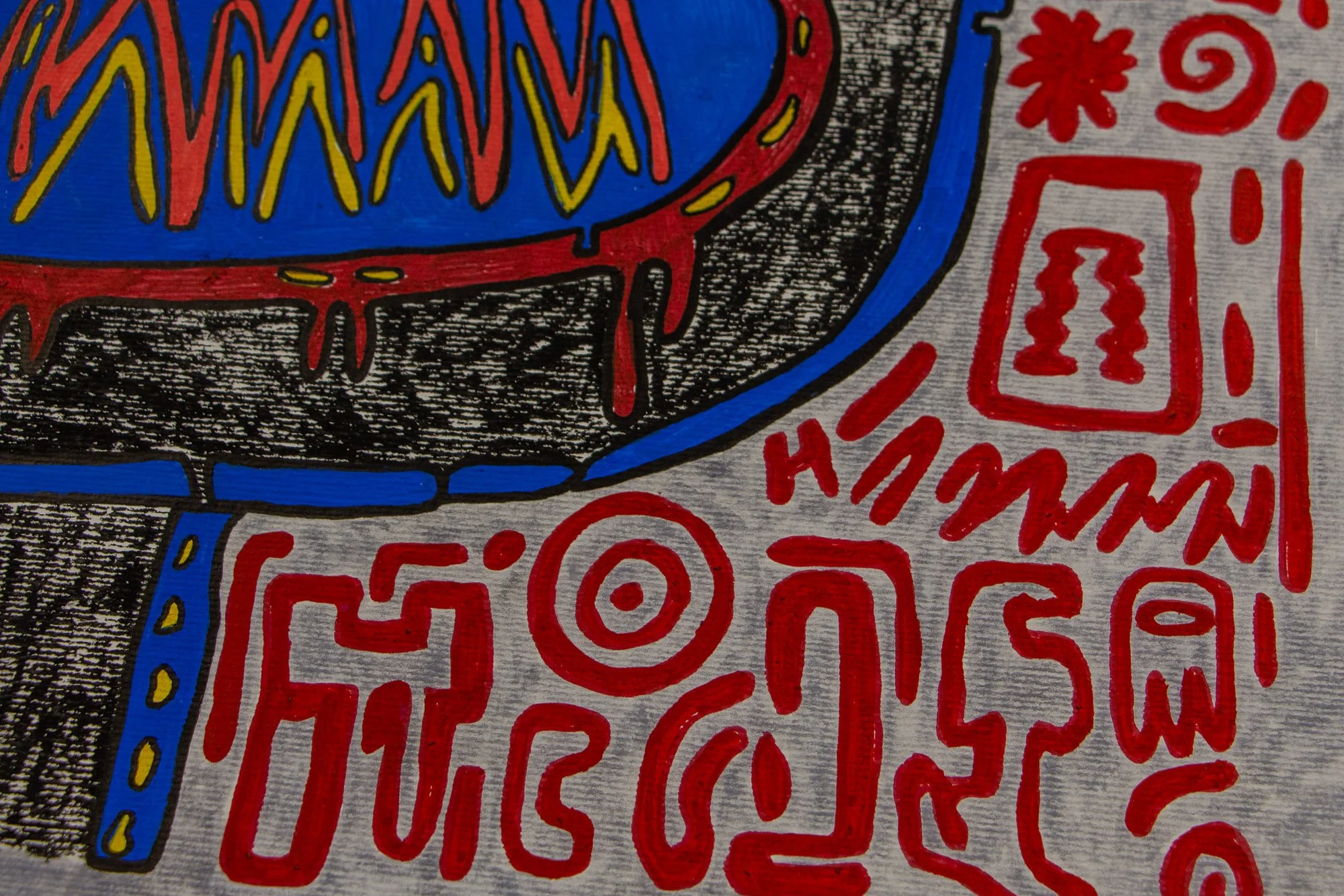 Unseen Signifiers 003 detail: lower-right area of the work, showing red linear symbols and circular signs clustered beneath the dripping red edge of the blue mouth shape.