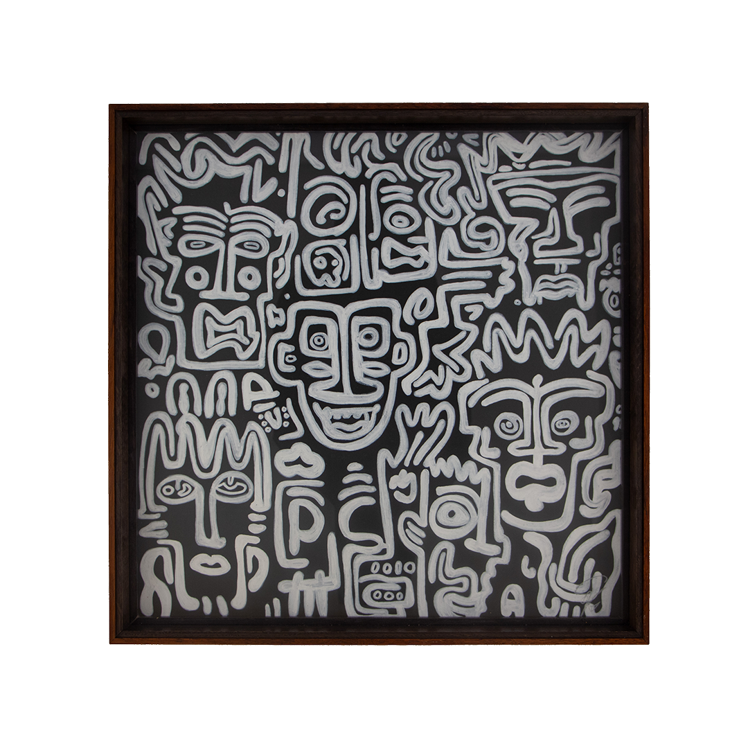 Unrest is carried rather than pushed away here, held within a structure that lets many inner voices remain present at once. Turbulent Aegis: Artwork 001; framed monochrome artwork on paper