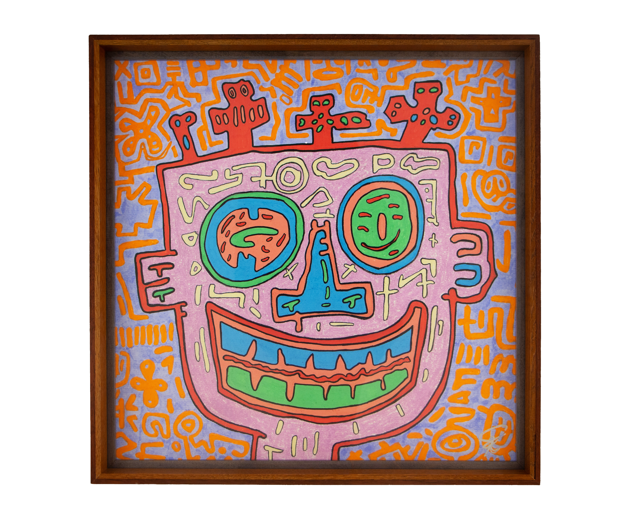 A lavender face with asymmetrical eyes, blue nose, red crest forms, and orange symbols. Unseen Signifiers 010; colorful composition; layered wooden frame.