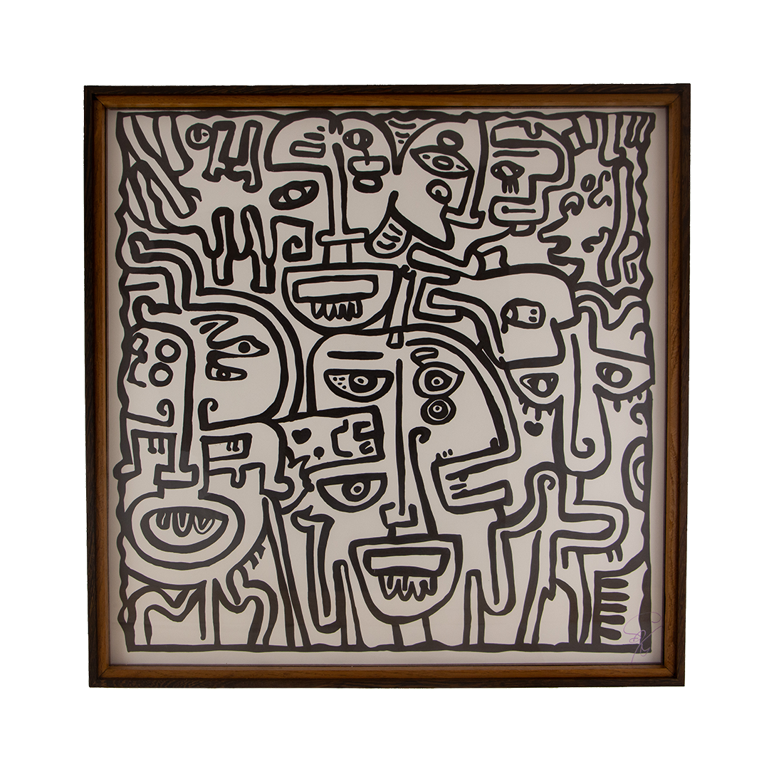 Withdrawal becomes readable once observation creates space around it. Elusive Cocoon: 002; black ink on paper; layered wooden frame palette: olive, orange, and granada.