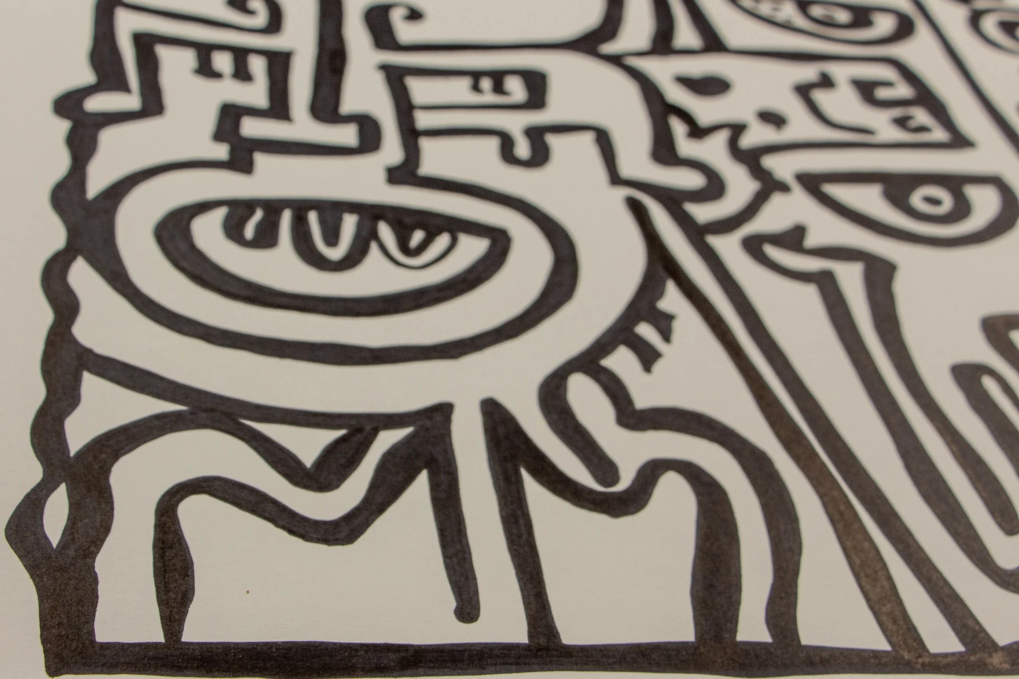 Elusive Cocoon 002 detail: close-up of a profile-like figure with a large almond eye, circular cheek, and sweeping curved line connecting to a smaller geometric face and surrounding symbols.