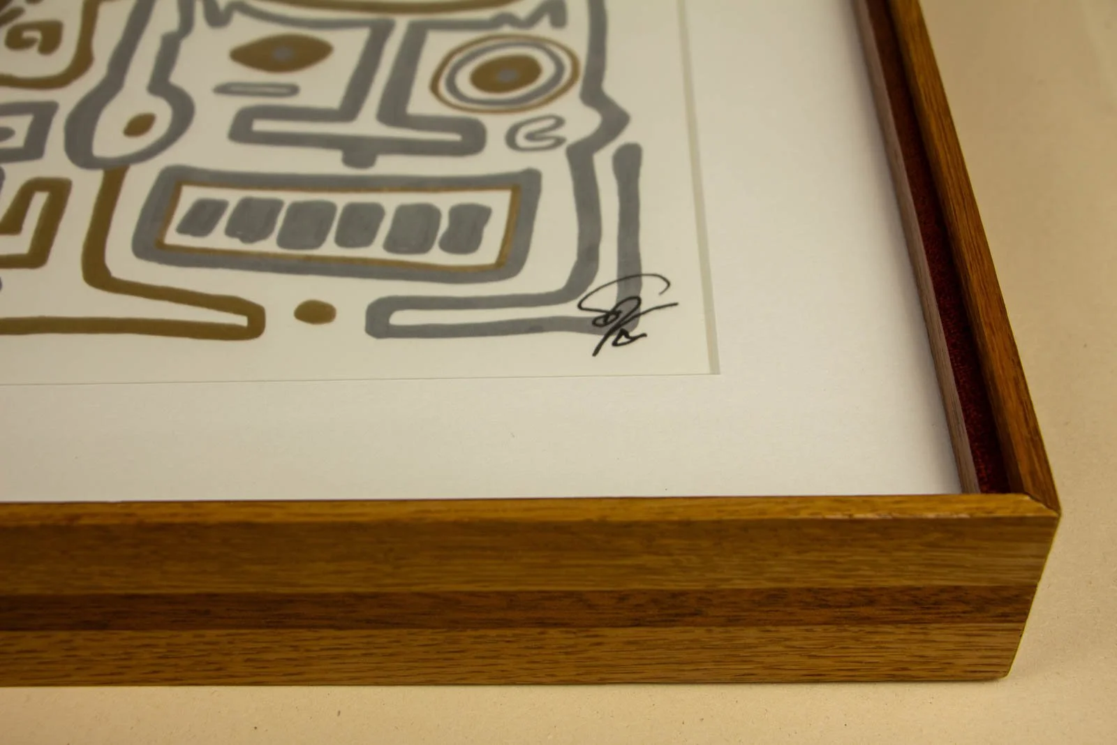 Golden Nostalgia 003 frame: lower-right view,  artist signature; mahogany liner and oak surround