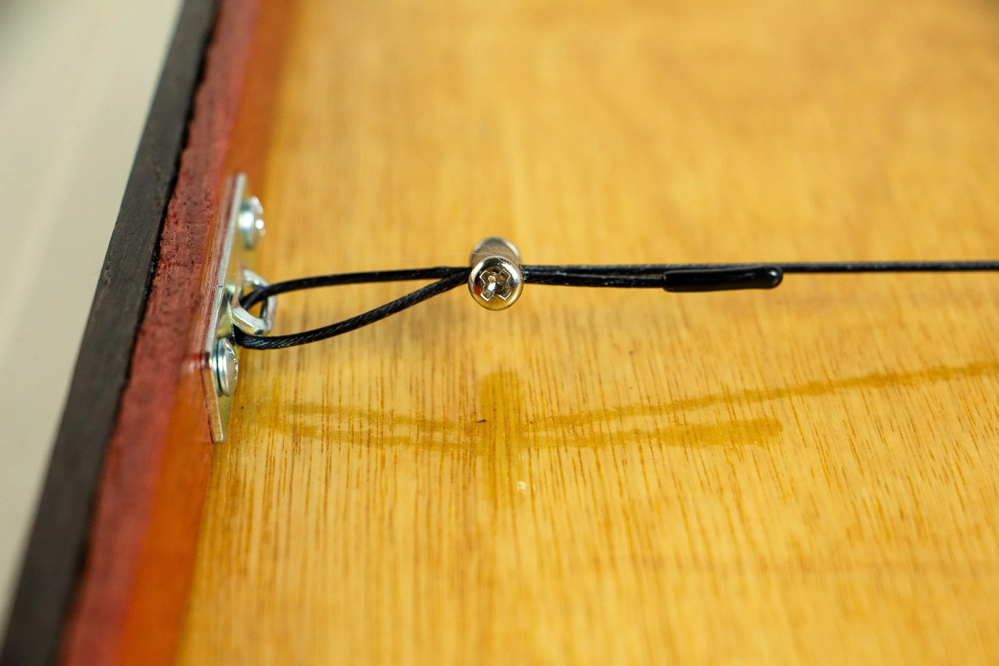 Unseen Signifiers 003 frame detail: back-side hanging detail showing the metal wall bracket, black hanging cord, cable adjuster, and the warm wood backing panel.