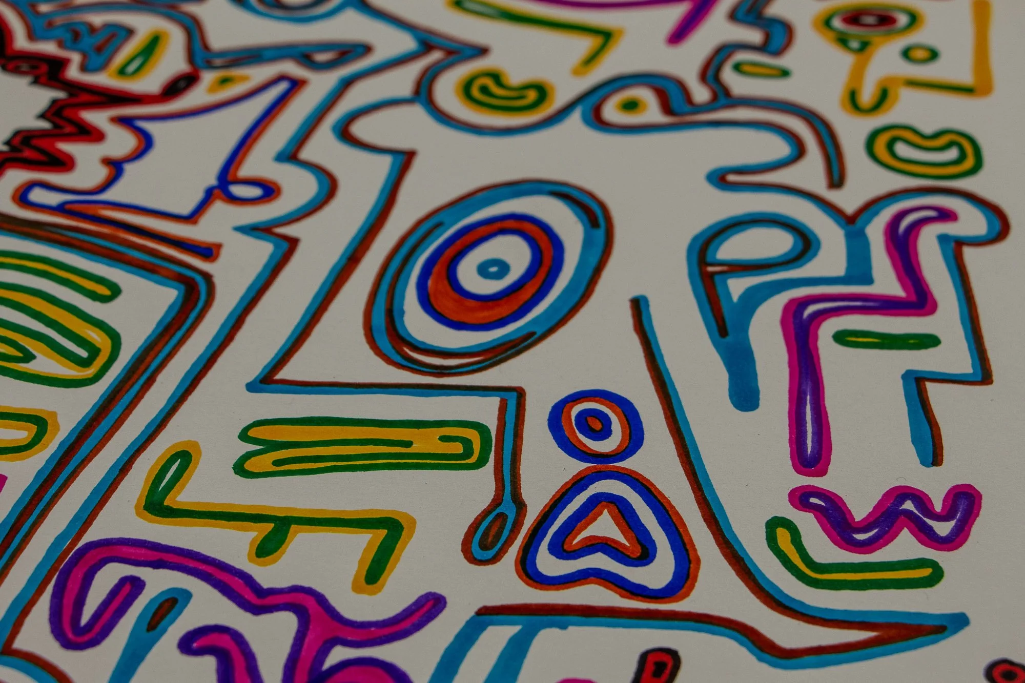 Eclipsing Gravitas 001 detail: angled close-up of a central abstract figure with pink and violet linework, yellow-green framing contours, and adjacent red and blue face-like forms.