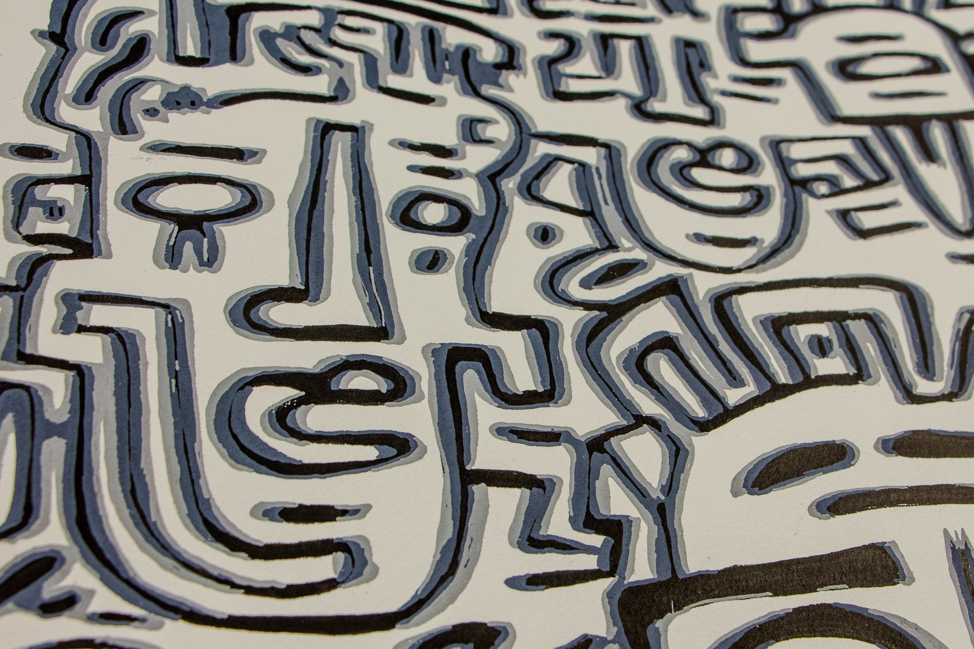 Luminous Parallax 004 detail: close-up of elongated facial and symbolic forms, where the linear structure begins to loosen into a fluid network of shifting associations.