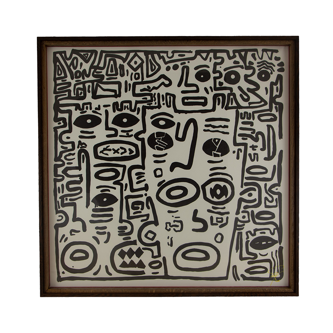 Shelter can steady the self before it begins to tighten. Elusive Cocoon: 001; black ink on paper; layered wooden frame palette: palisander, light ash, and red.