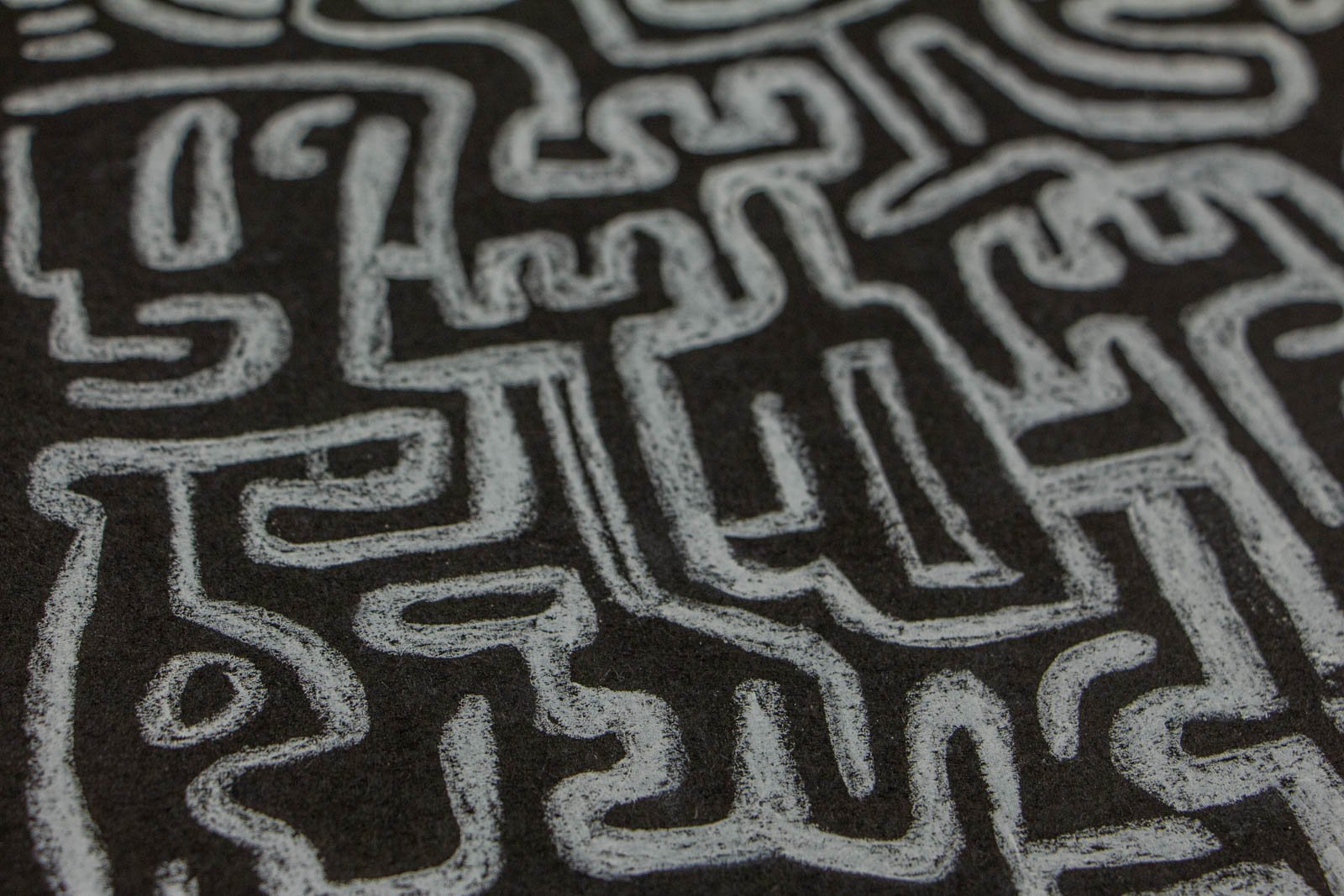 Synaptic Mythos 003 detail: labyrinth of blocky bends and ladder-like marks; quick turns and nested corners show heavy overlay