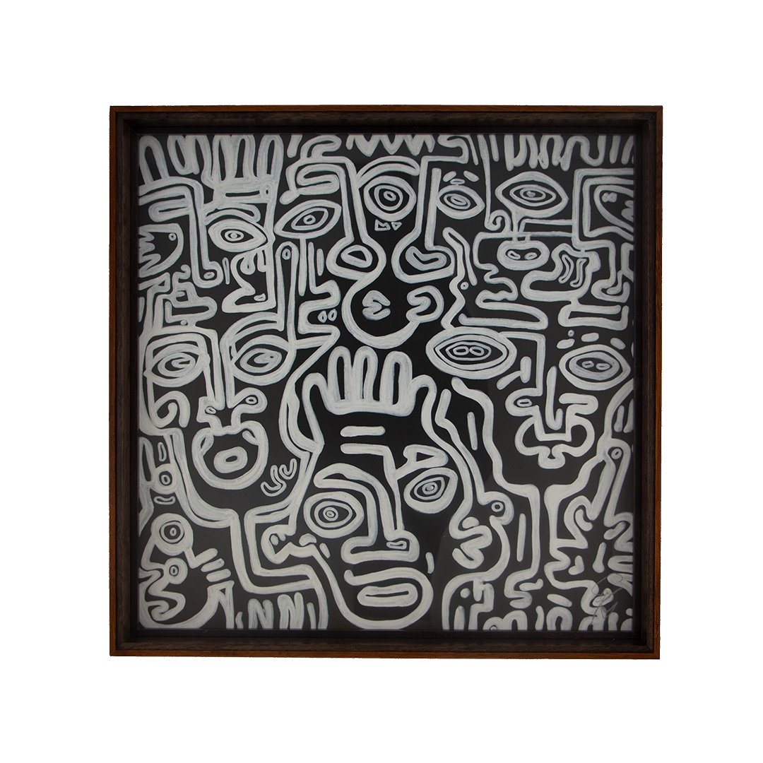 A central face steadies the storm here, suggesting inner strength as the ability to hold complexity without collapse. Turbulent Aegis: Artwork 003; framed monochrome artwork on paper